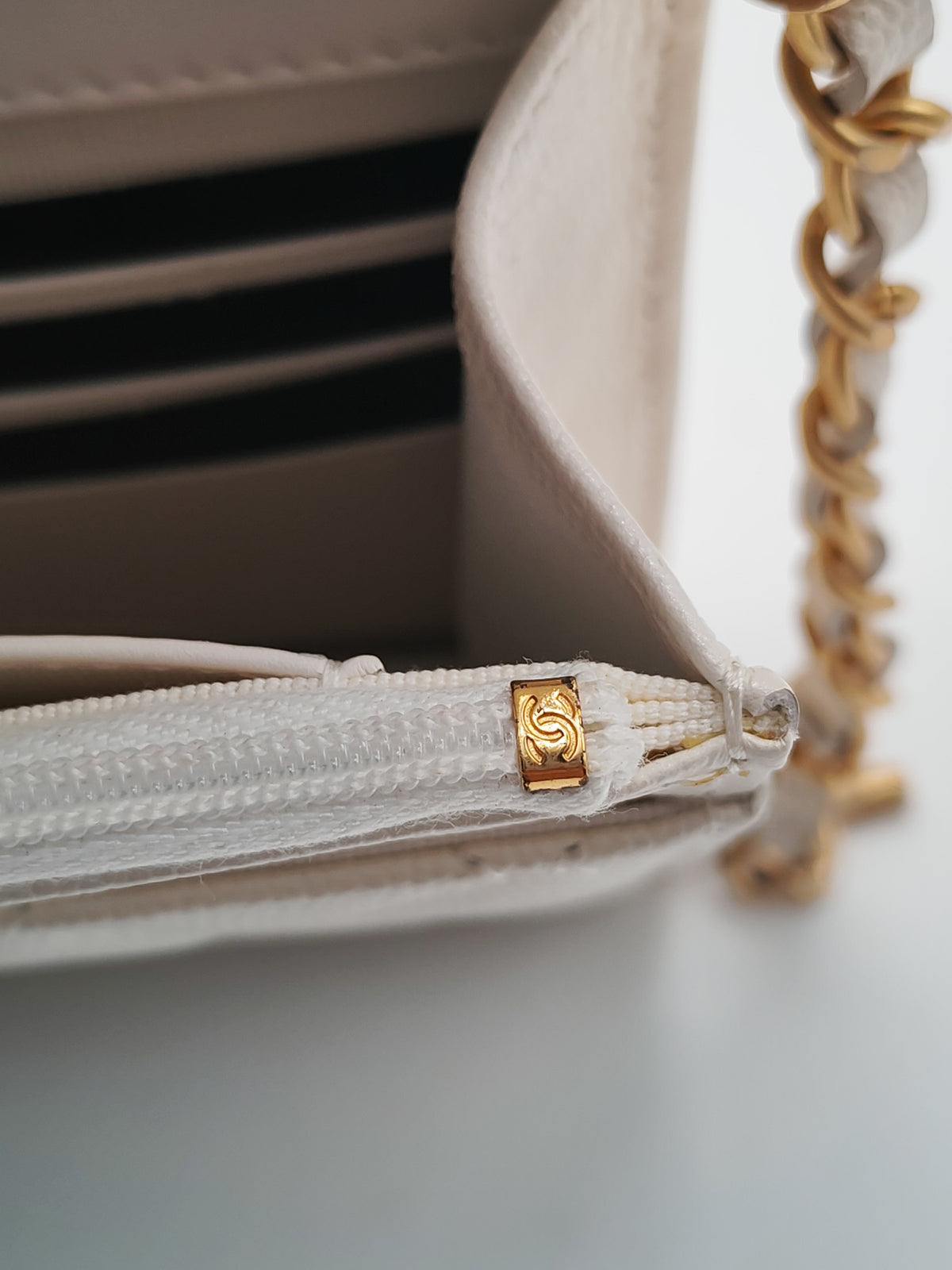 Chanel Turning Lock Wallet on Chain (WOC) in White Iridescent Caviar Leather Aged Gold Hardware (Microchip) | Purse Maison Luxury Bags Shop