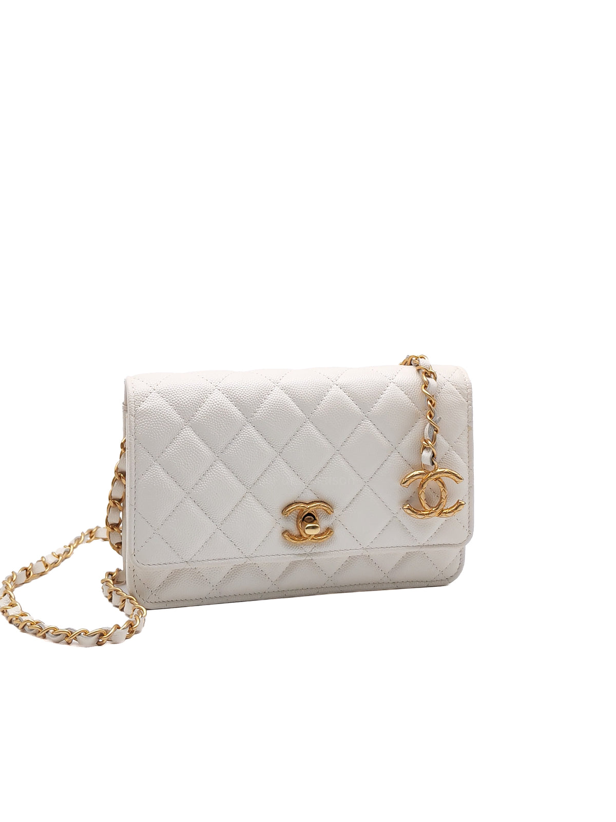 Chanel Turning Lock Wallet on Chain (WOC) in White Iridescent Caviar Leather Aged Gold Hardware (Microchip) | Purse Maison Luxury Bags Shop