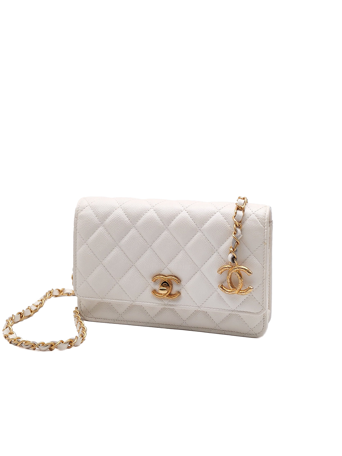 Chanel Turning Lock Wallet on Chain (WOC) in White Iridescent Caviar Leather Aged Gold Hardware (Microchip) | Purse Maison Luxury Bags Shop