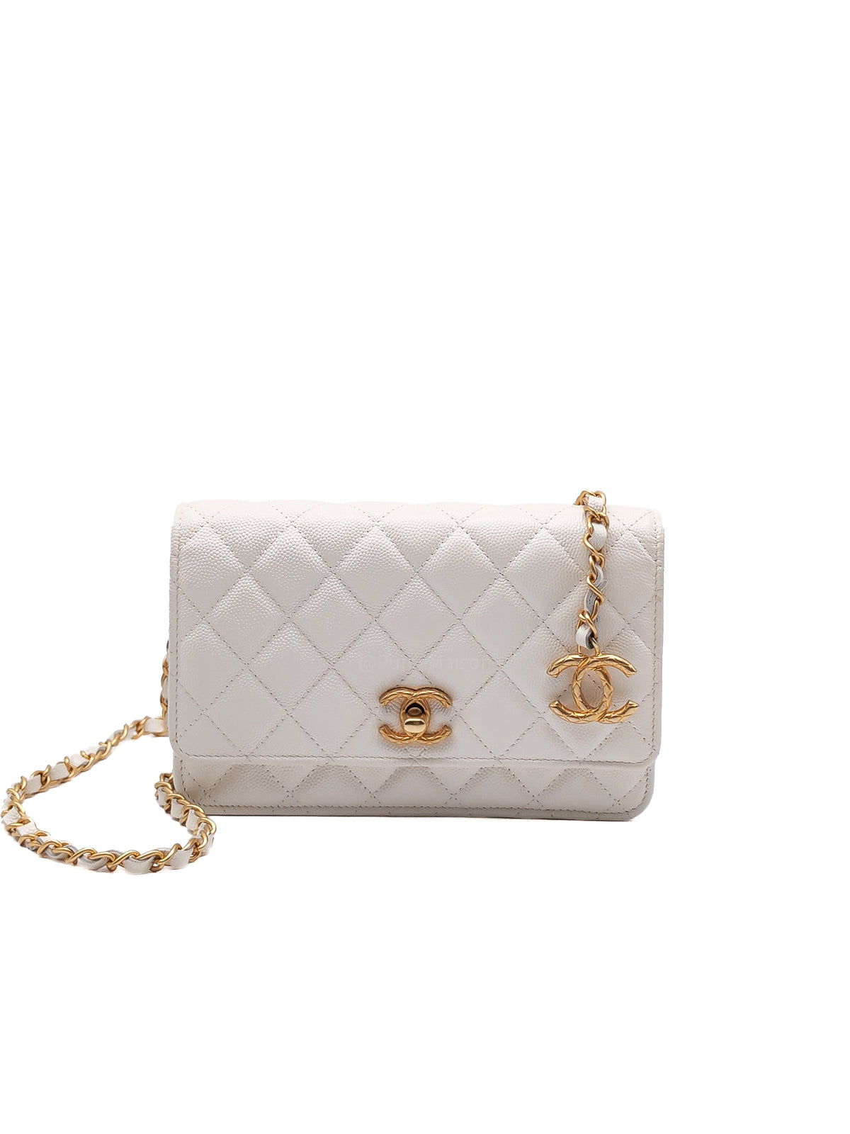 Chanel Turning Lock Wallet on Chain (WOC) in White Iridescent Caviar Leather Aged Gold Hardware (Microchip) | Purse Maison Luxury Bags Shop