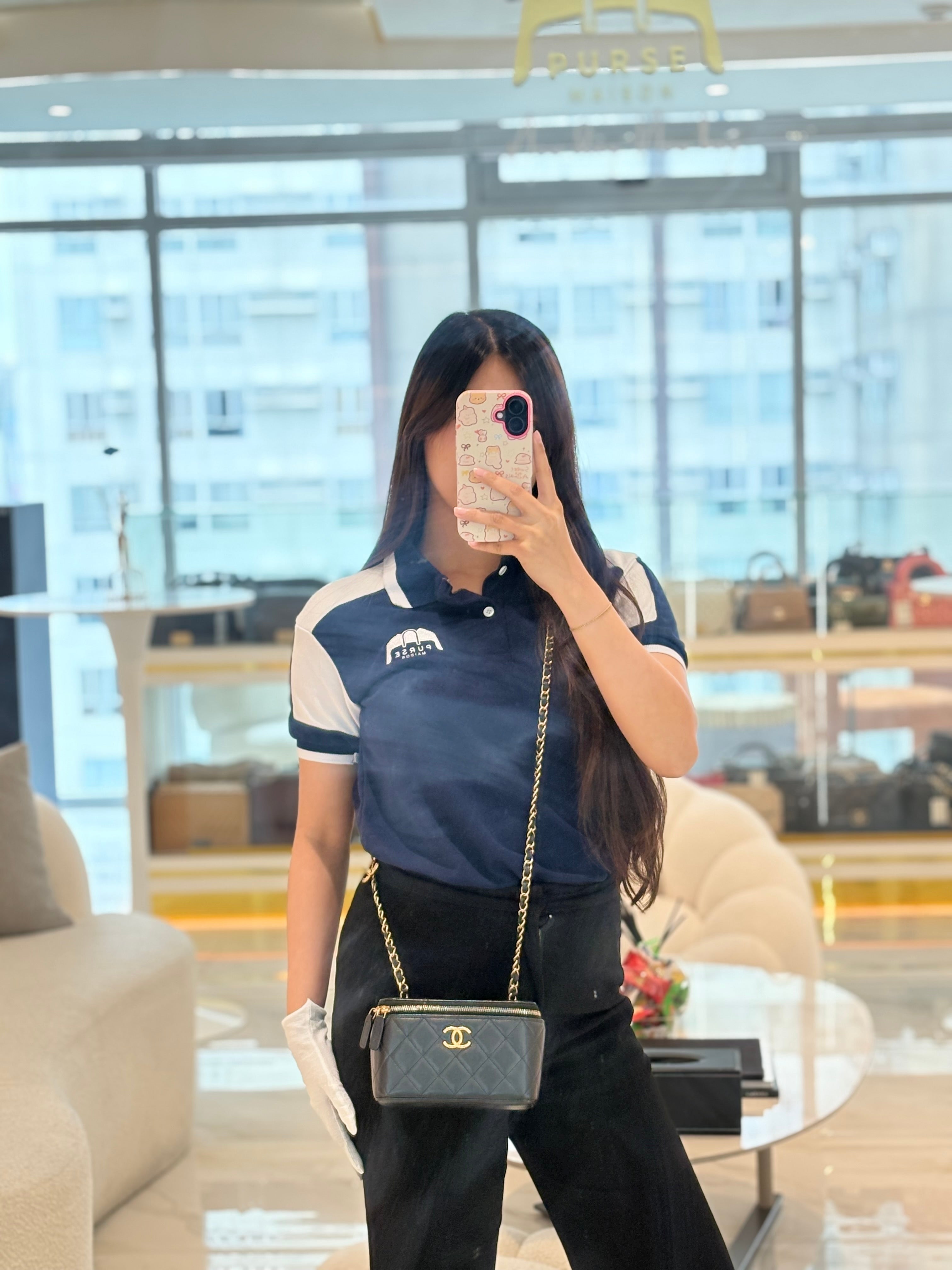 Chanel Vanity in Black Iridescent Caviar Leather and Aged Gold Hardware with Adjustable Chain Strap (Microchip) | Purse Maison Luxury Bags Shop