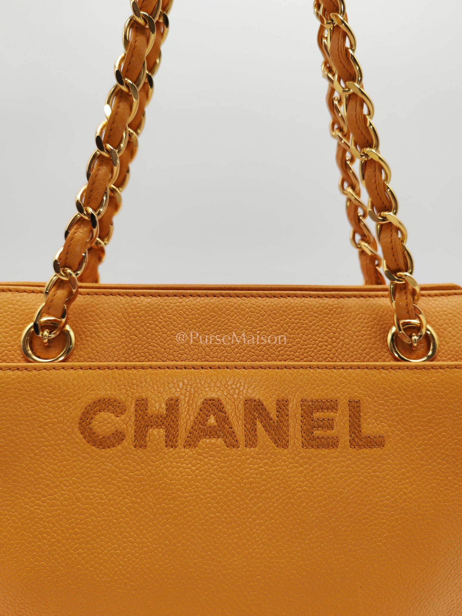 Chanel Vintage Chain Tote Bag in Orange Caviar Leather and Gold Hardware Series 5 | Purse Maison Luxury Bags Shop