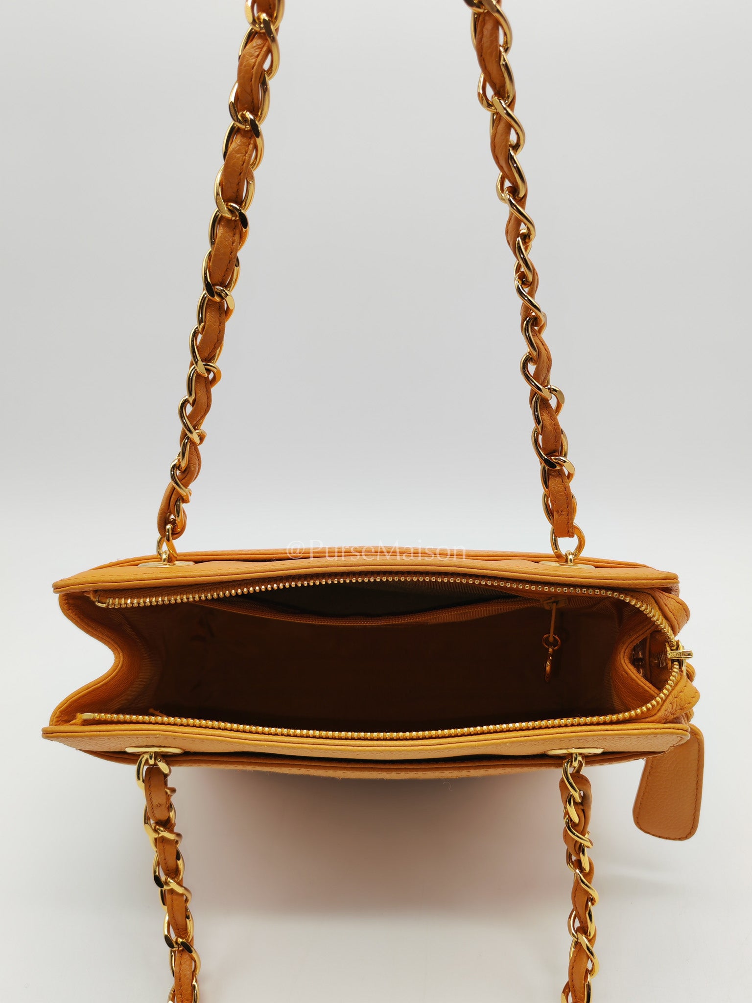 Chanel Vintage Chain Tote Bag in Orange Caviar Leather and Gold Hardware Series 5 | Purse Maison Luxury Bags Shop