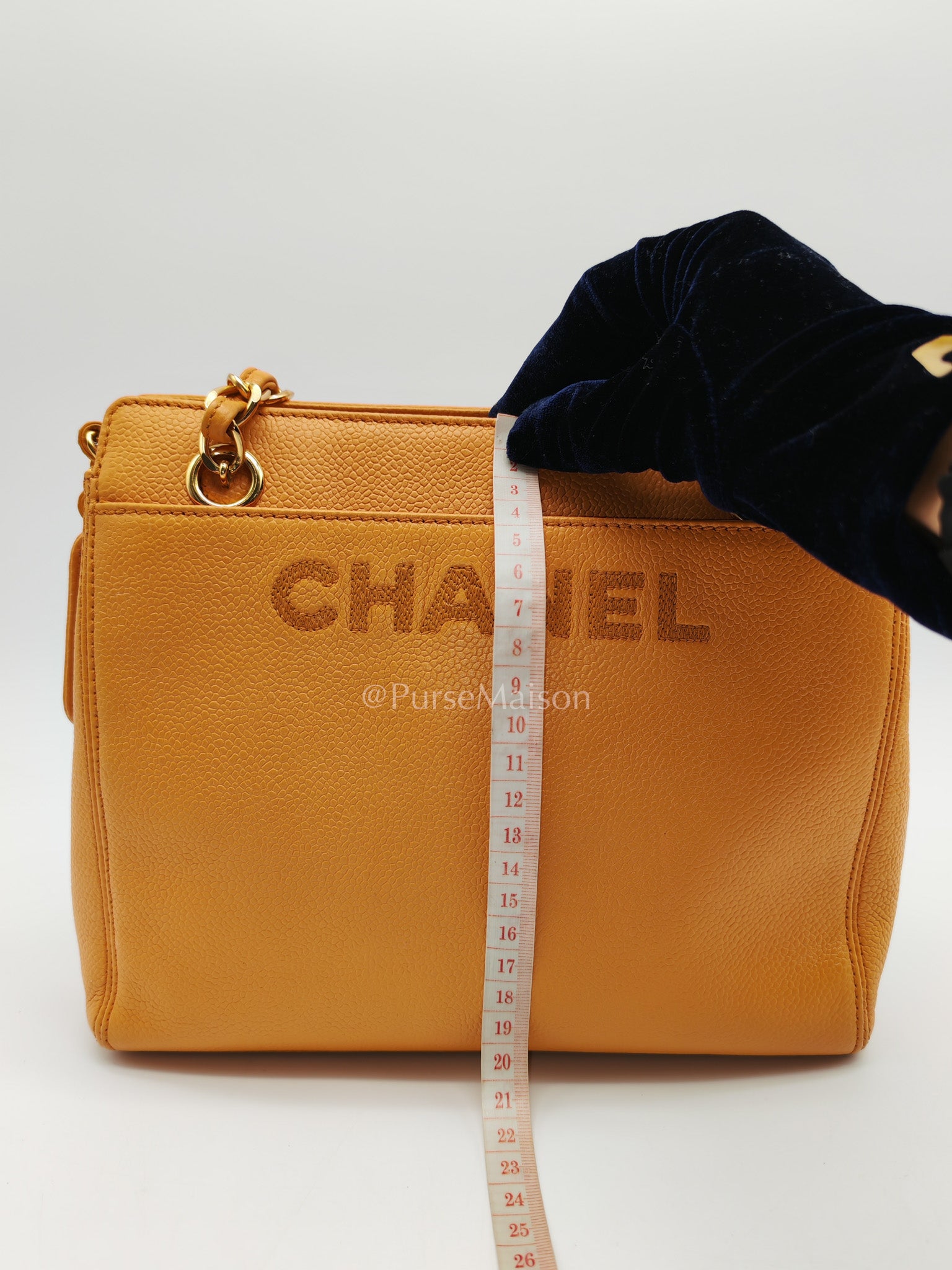 Chanel Vintage Chain Tote Bag in Orange Caviar Leather and Gold Hardware Series 5 | Purse Maison Luxury Bags Shop