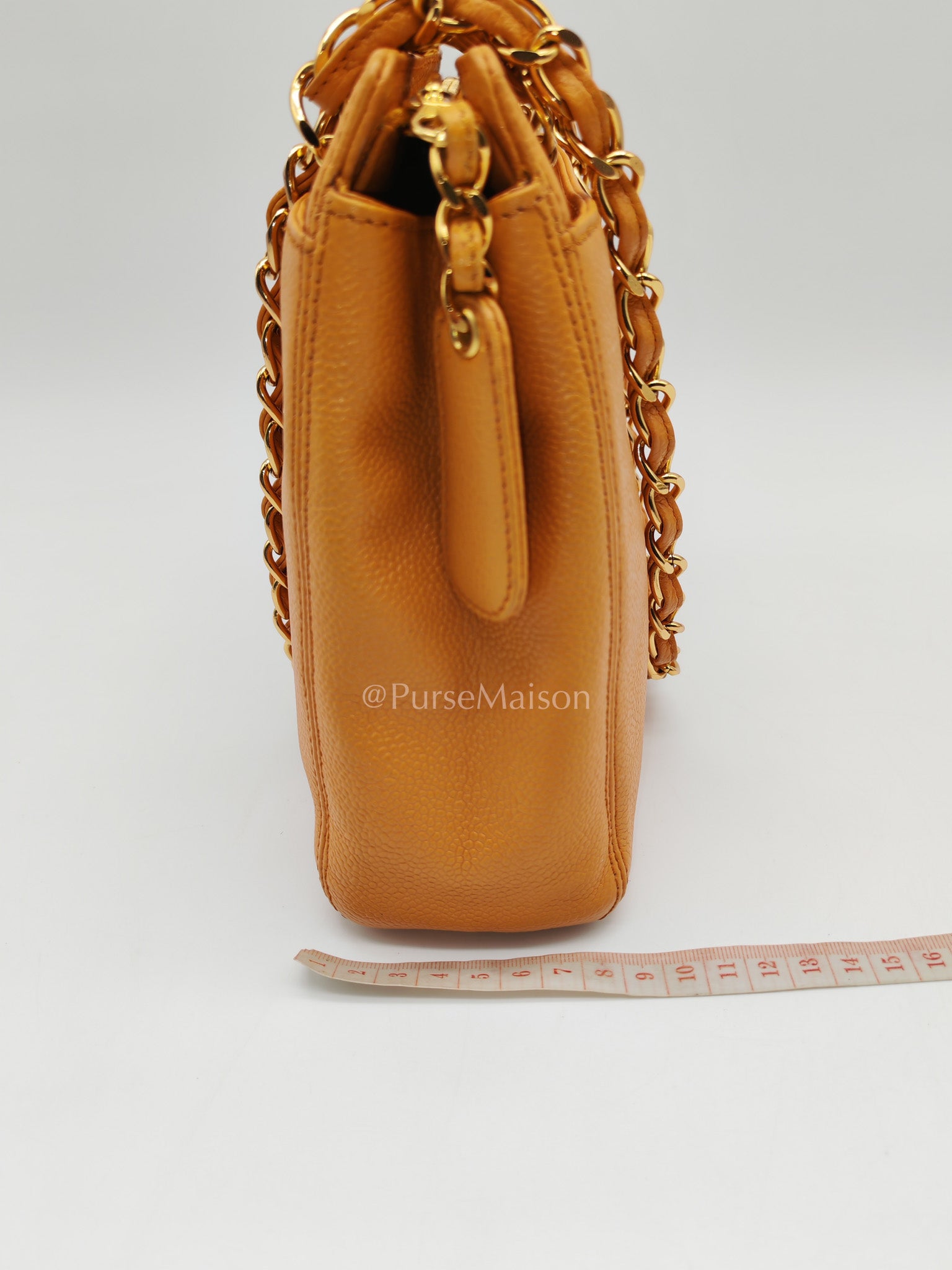 Chanel Vintage Chain Tote Bag in Orange Caviar Leather and Gold Hardware Series 5 | Purse Maison Luxury Bags Shop