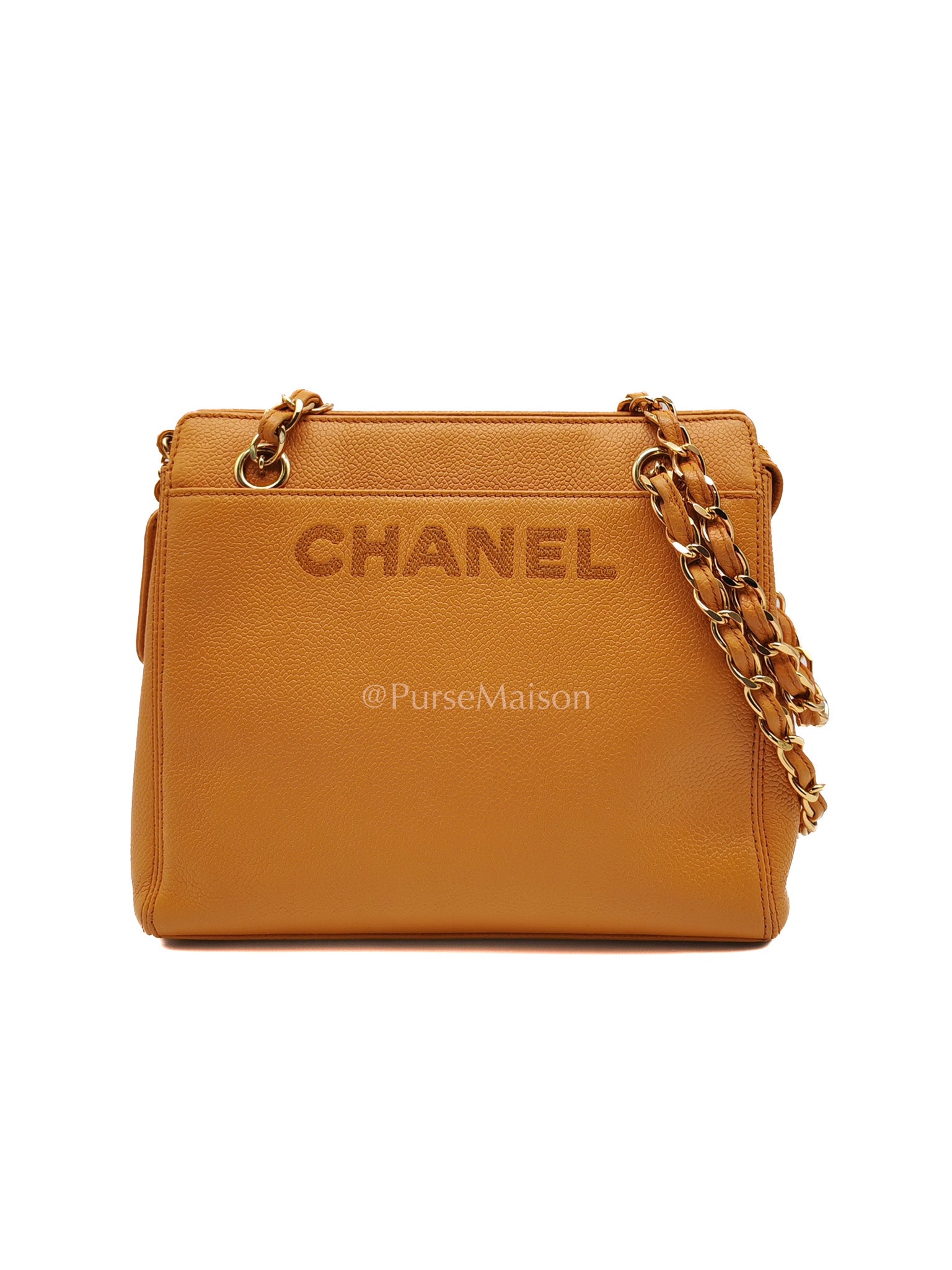 Chanel Vintage Chain Tote Bag in Orange Caviar Leather and Gold Hardware Series 5 | Purse Maison Luxury Bags Shop