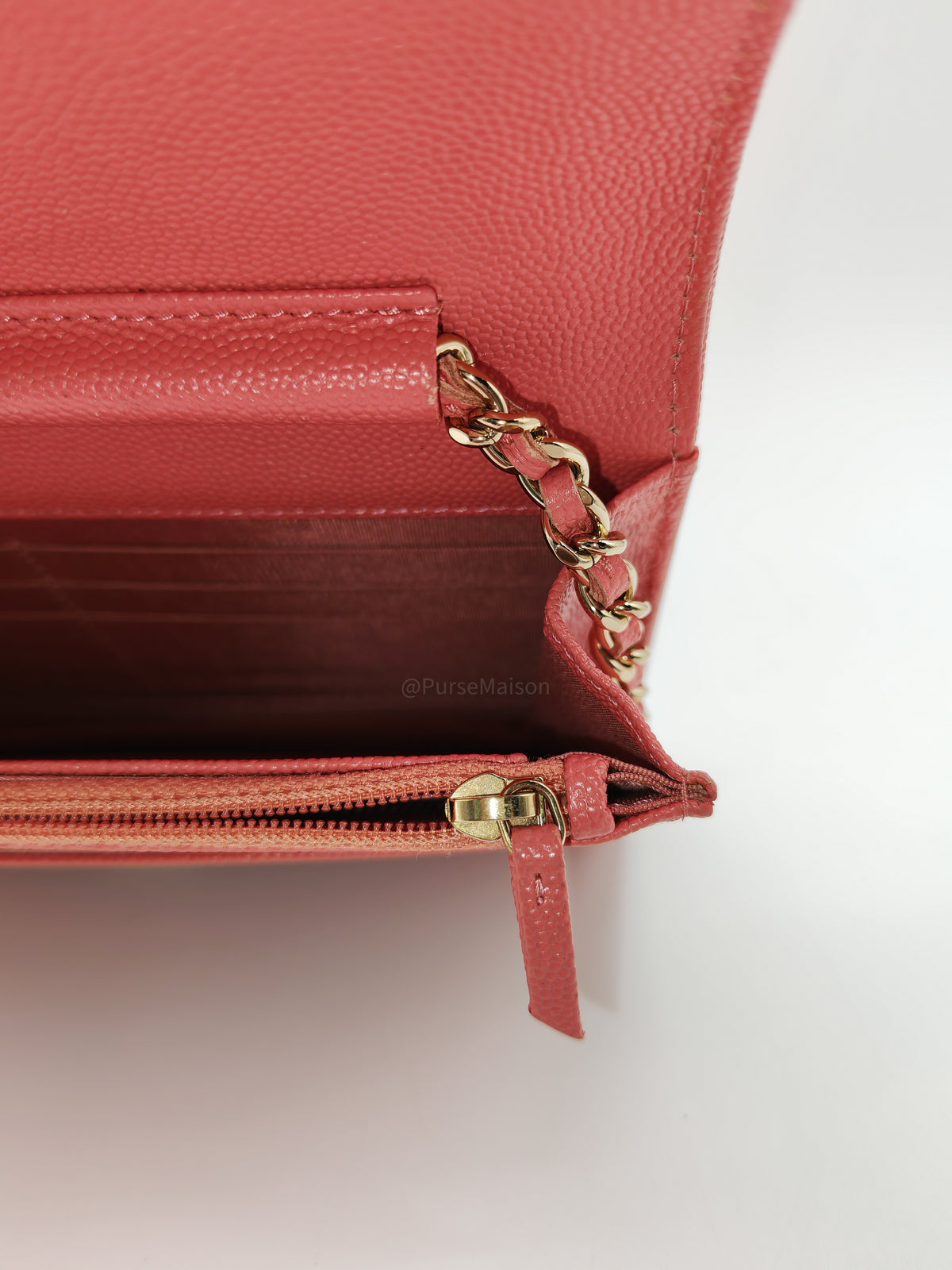 Chanel Vintage Mademoiselle Wallet on Chain in Pink Caviar Quilted Light Gold Hardware (Series 28) | Purse Maison Luxury Bags Shop