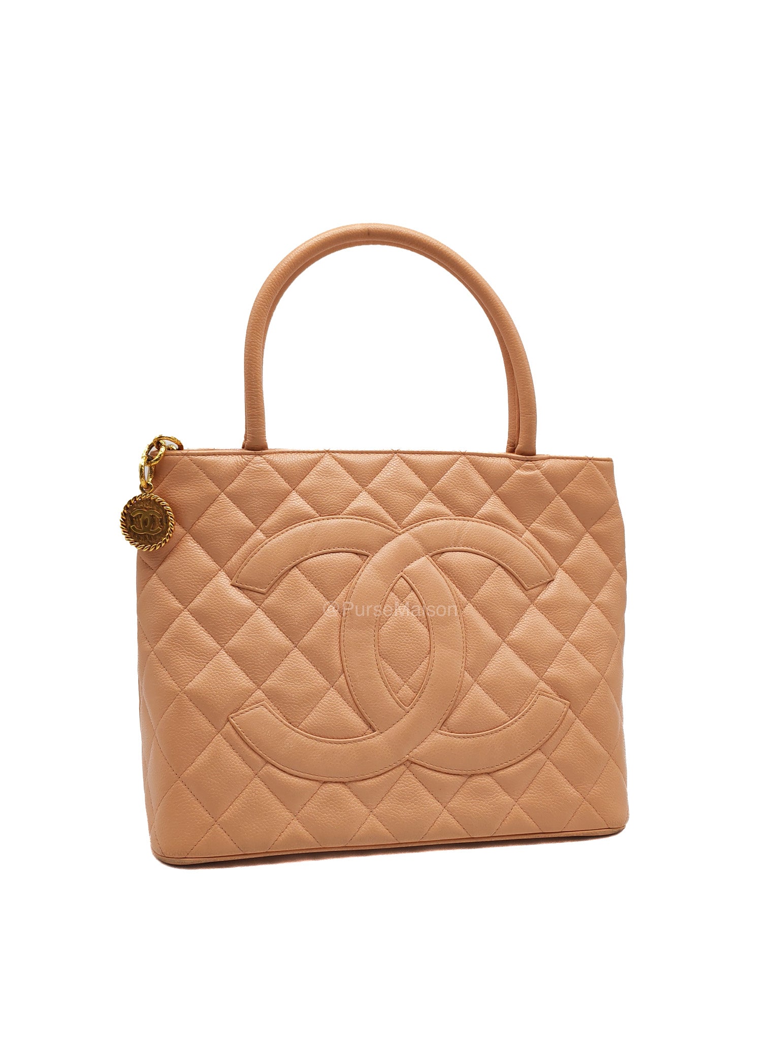 Chanel Vintage Medallion Tote Bag in Peach Caviar Leather Gold Hardware (Series 8) | Purse Maison Luxury Bags Shop