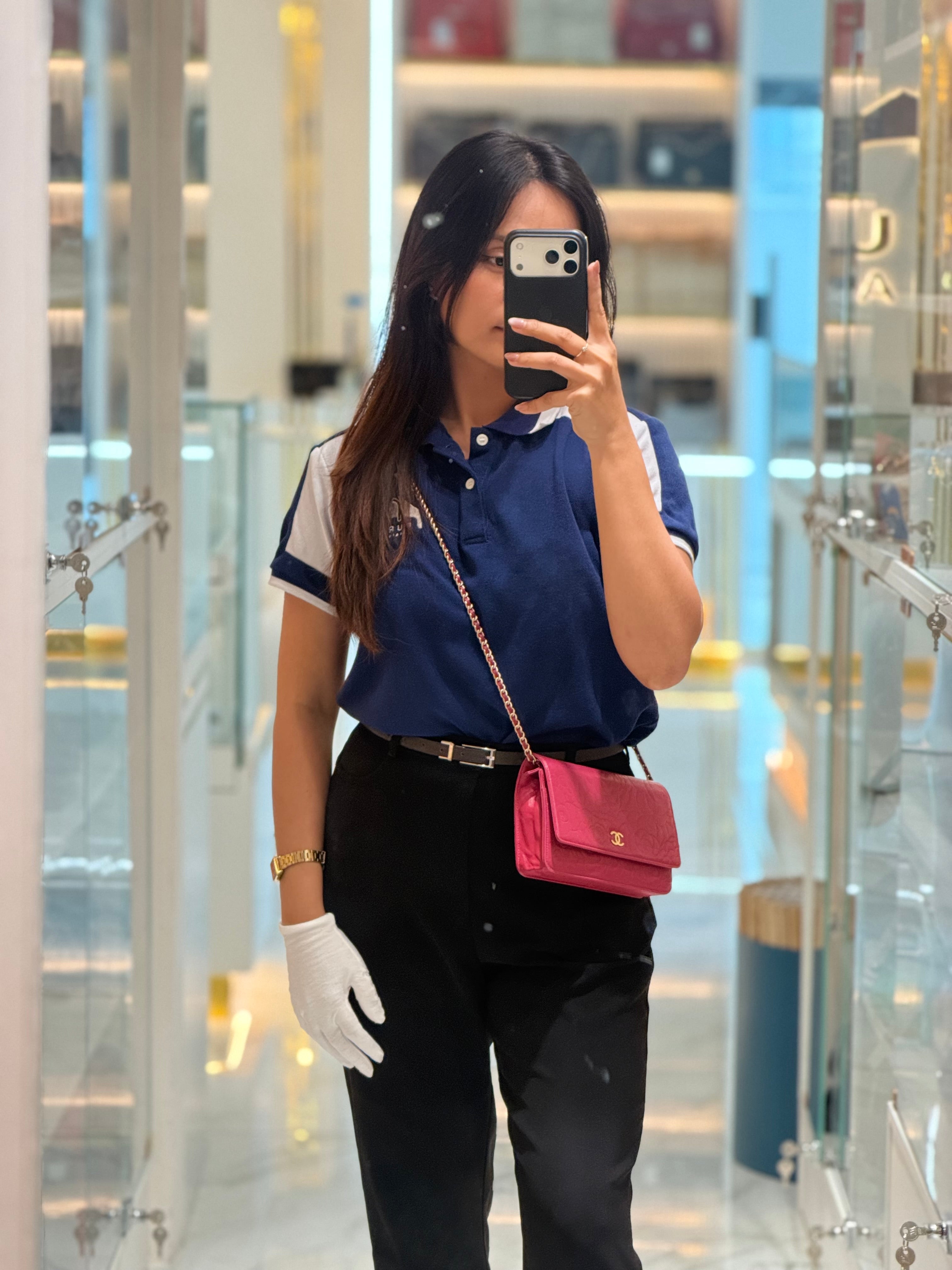 Chanel Wallet On Chain (WOC) Camellia Flap Fuchsia Calfskin and Aged Gold Hardware Series 16 | Purse Maison Luxury Bags Shop