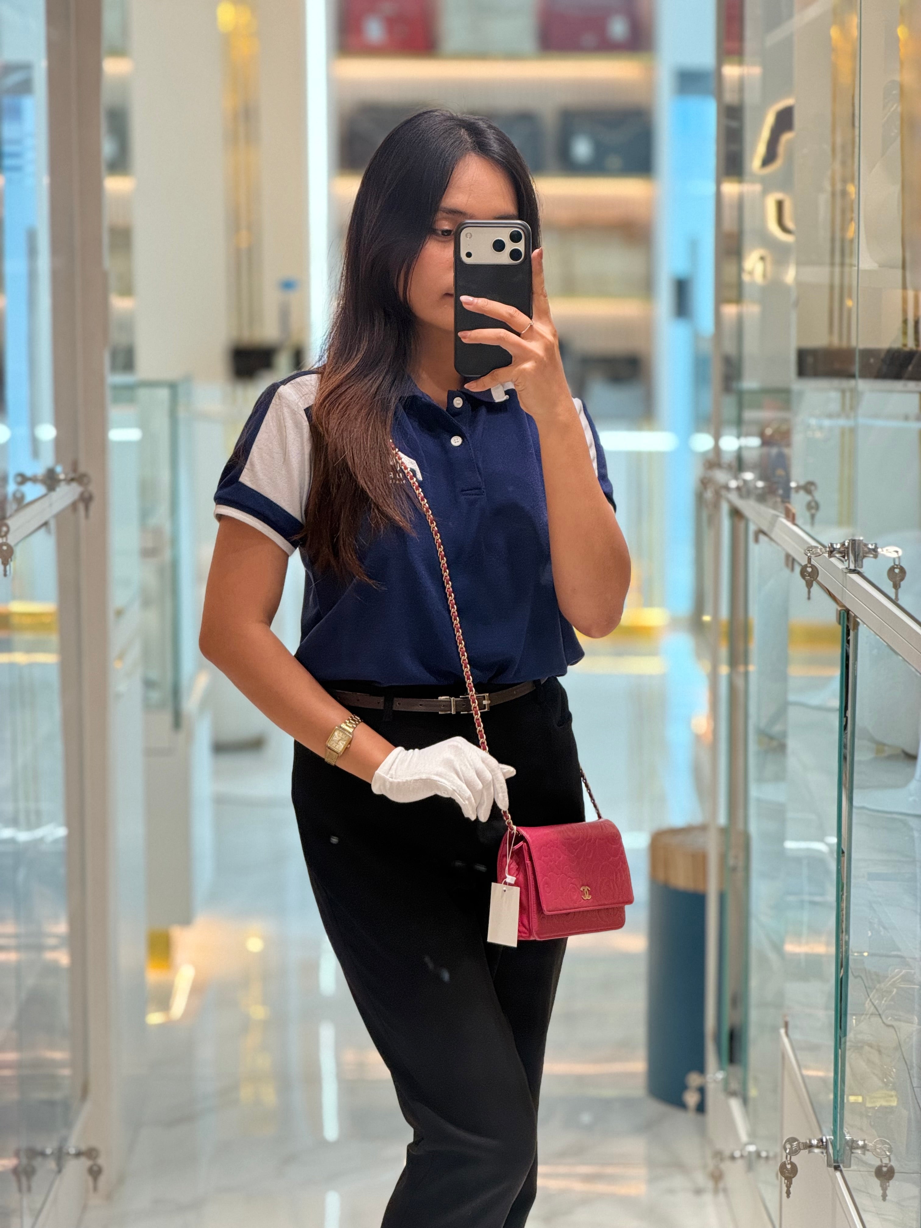 Chanel Wallet On Chain (WOC) Camellia Flap Fuchsia Calfskin and Aged Gold Hardware Series 16 | Purse Maison Luxury Bags Shop