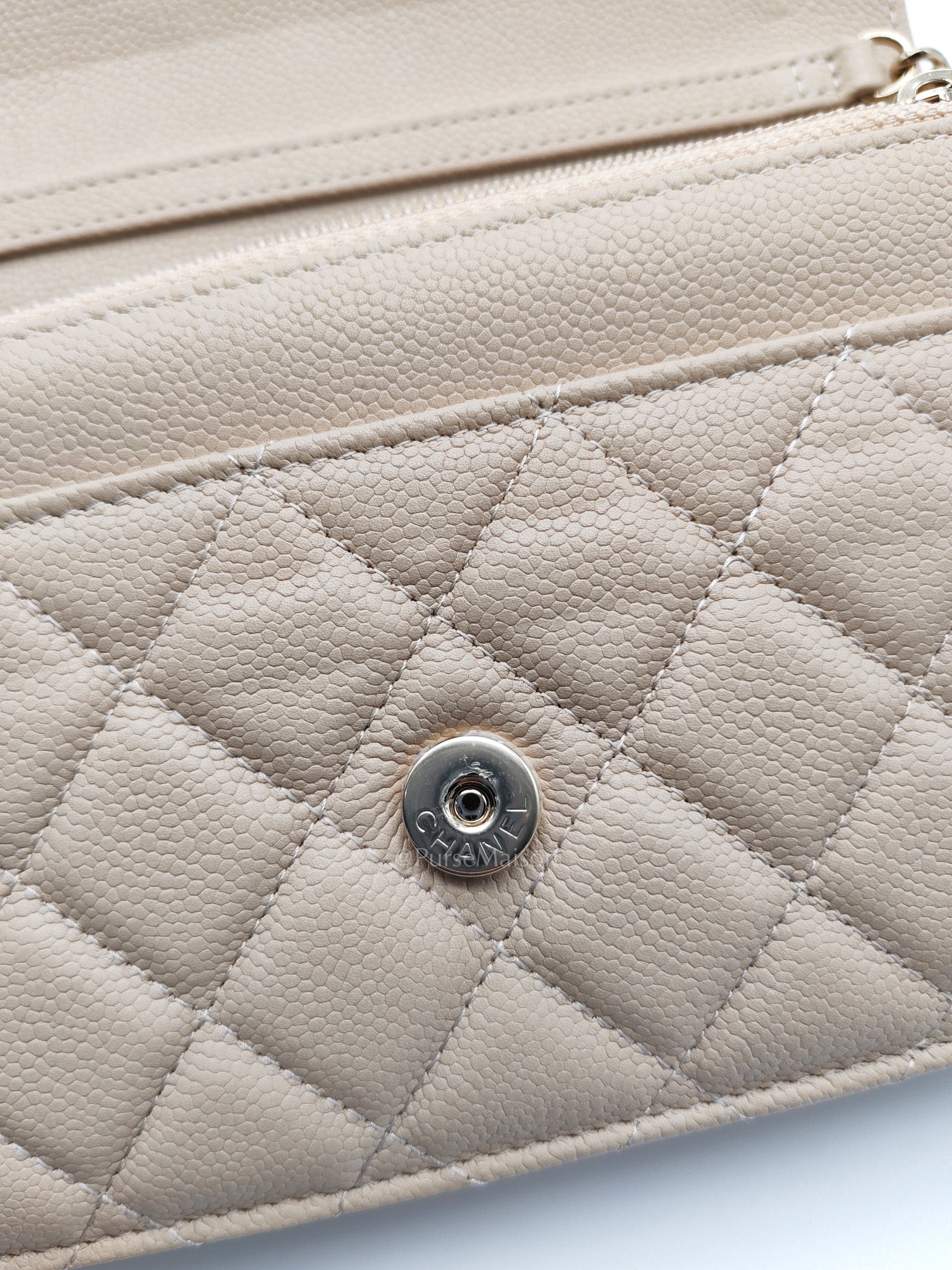 Wallet On Chain (WOC) in Beige Clair Quilted Caviar Leather and Gold Hardware Microchip | Purse Maison Luxury Bags Shop