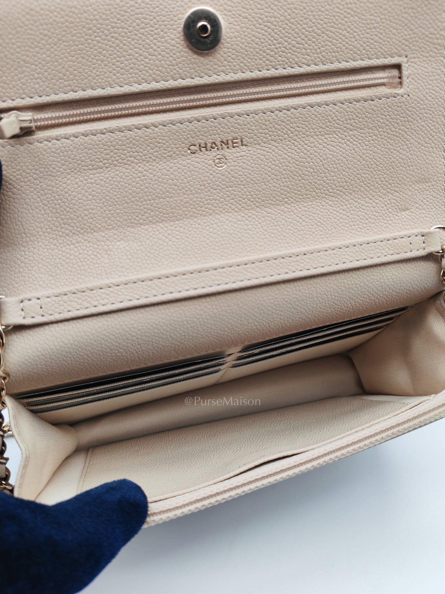 Wallet On Chain (WOC) in Beige Clair Quilted Caviar Leather and Gold Hardware Microchip | Purse Maison Luxury Bags Shop