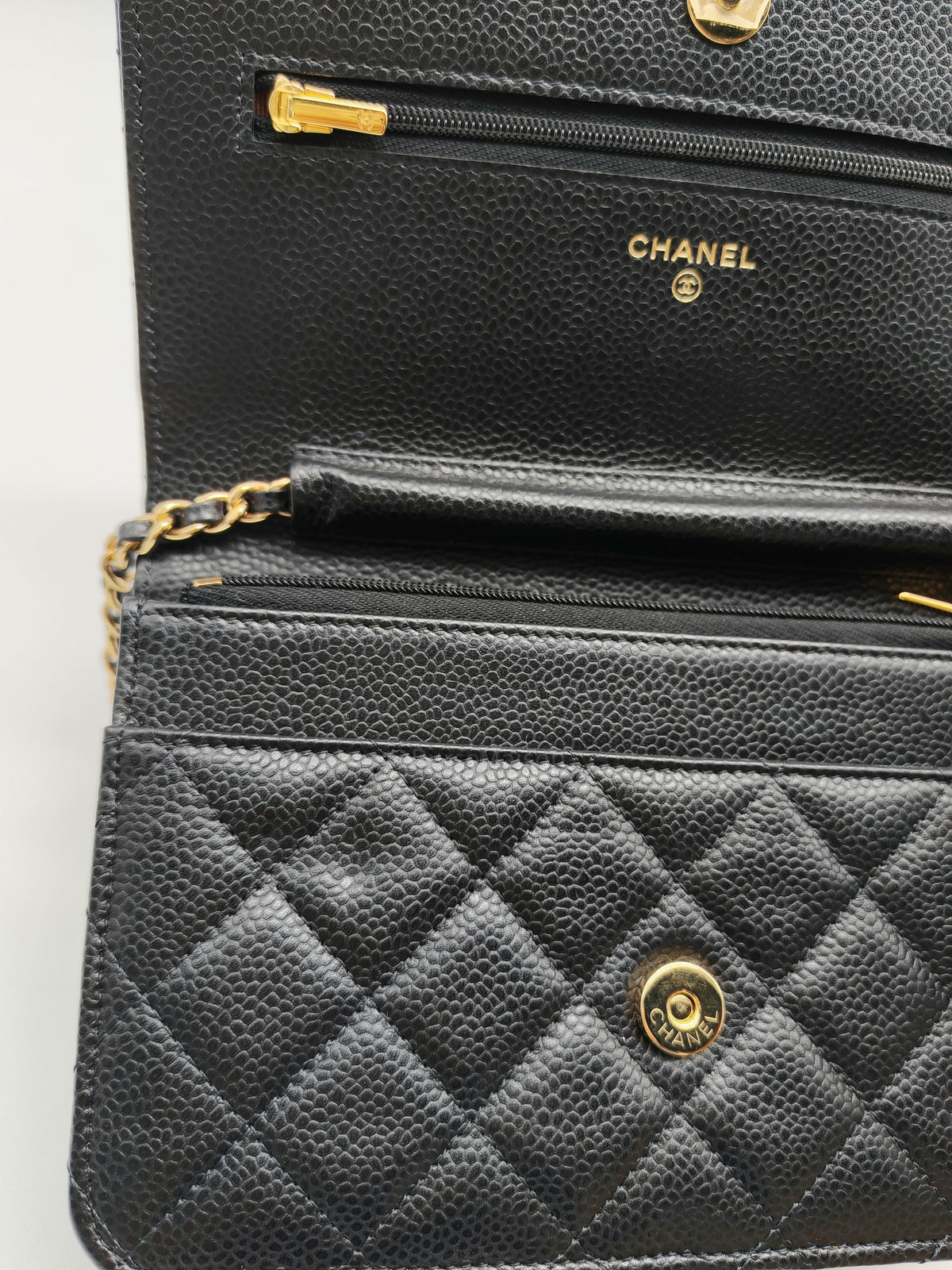 Chanel Wallet on Chain (WOC) in Black Quilted Caviar Leather and Gold Hardware Microchip | Purse Maison Luxury Bags Shop