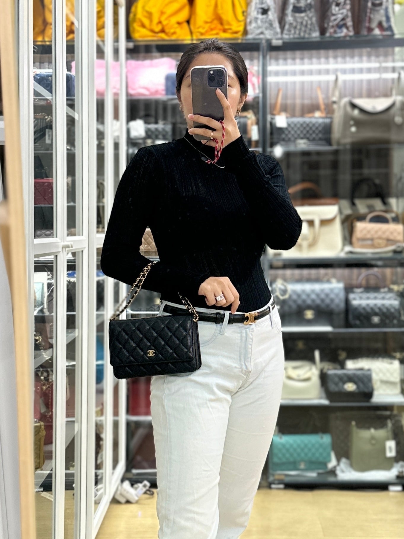 Chanel Wallet On Chain (WOC) in Black Quilted Caviar Leather and Gold Hardware Microchip | Purse Maison Luxury Bags Shop