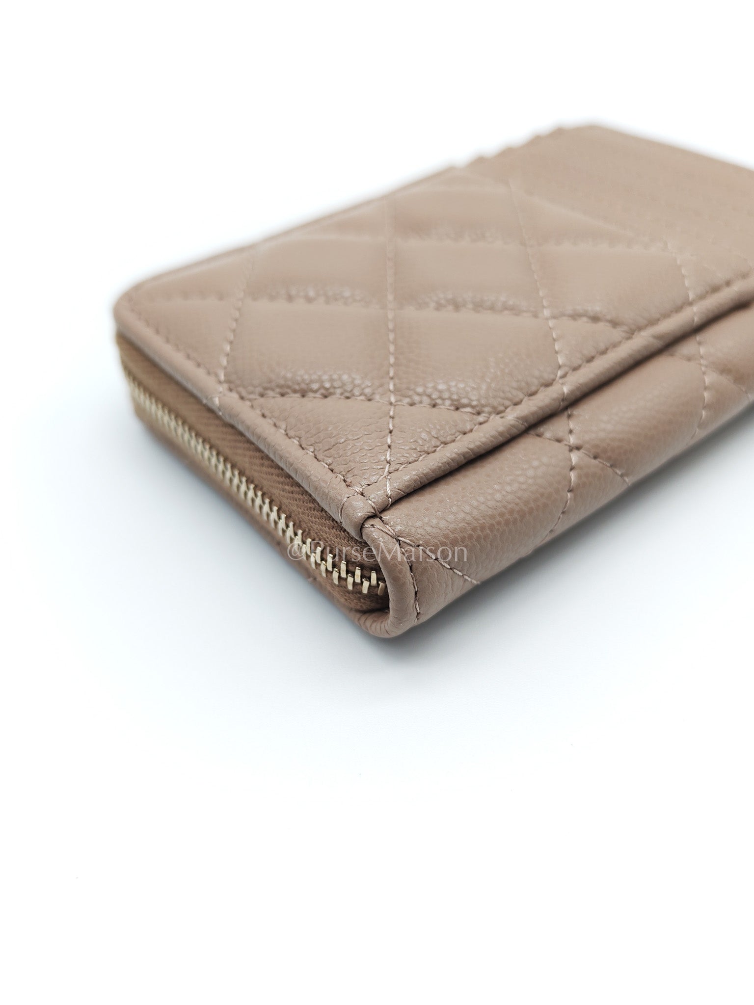 Chanel Zipped Card Holder in Dark Beige Caviar Leather and Light Gold Hardware (Microchip) | Purse Maison Luxury Bags Shop