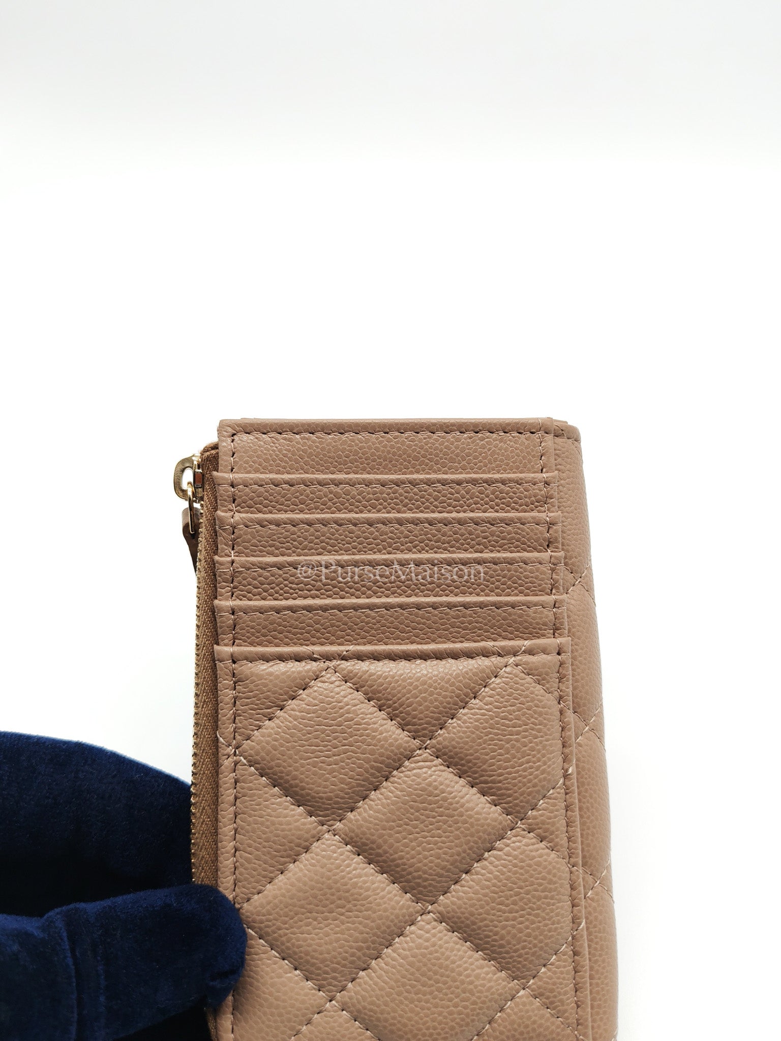 Chanel Zipped Card Holder in Dark Beige Caviar Leather and Light Gold Hardware (Microchip) | Purse Maison Luxury Bags Shop