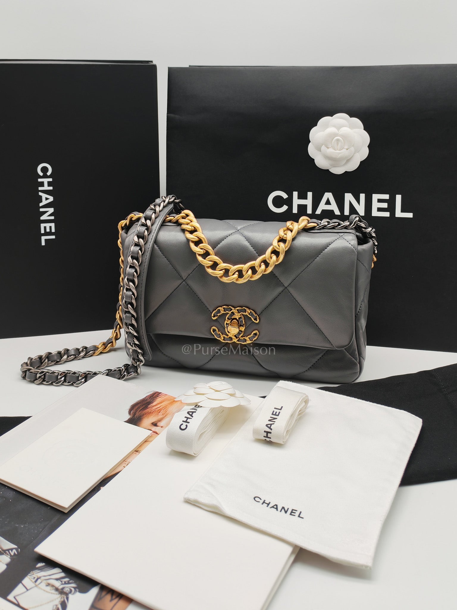 19 Medium in Gray Quilted Lambskin Leather & Mix Hardware Microchip