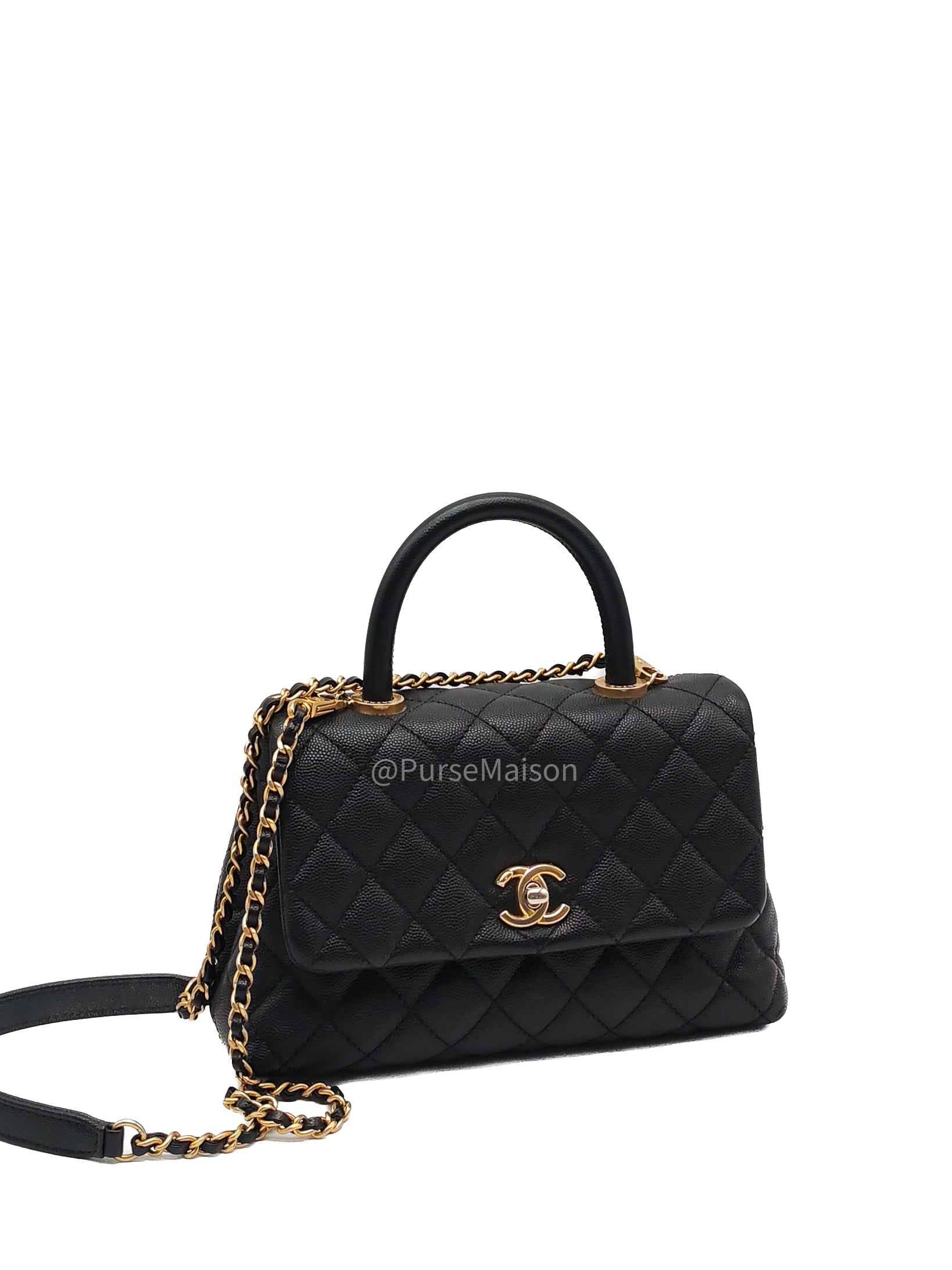 Chanel Coco Handle Small in Black Quilted Caviar Leather and Light Gold Hardware Series 24