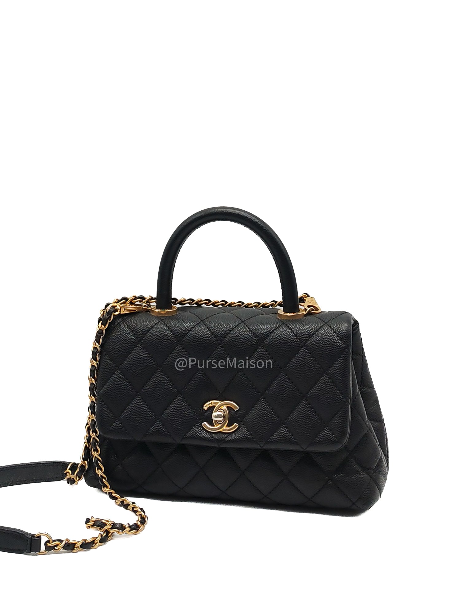 Chanel Coco Handle Small in Black Quilted Caviar Leather and Light Gold Hardware Series 24