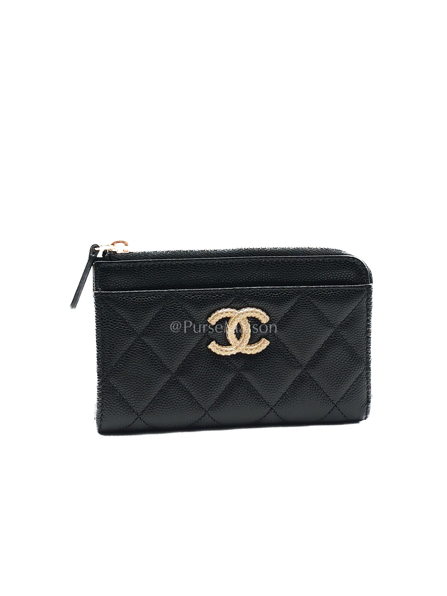 Chanel Big CC Zipped Card Holder in Black Caviar Leather and Light Gold Hardware (Microchip)