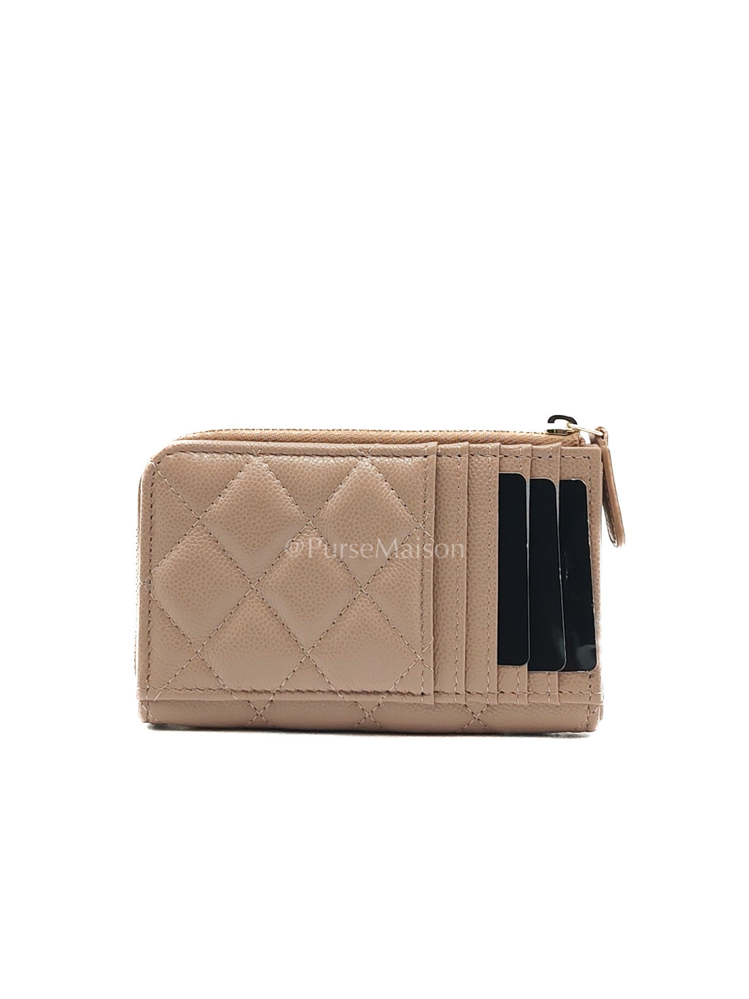 Chanel Zipped Card Holder in Dark Beige Caviar Leather and Light Gold Hardware (Microchip)