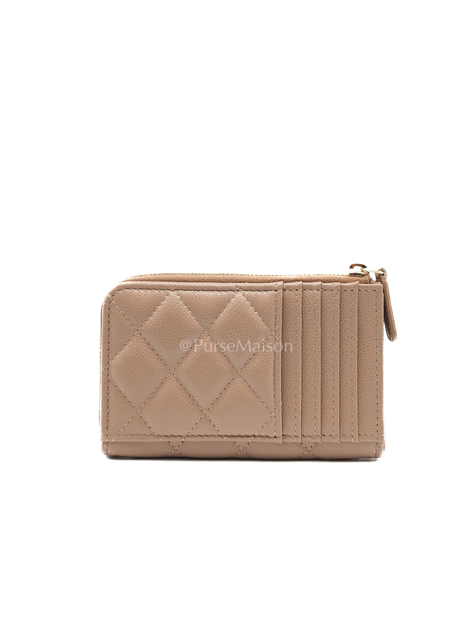 Chanel Zipped Card Holder in Dark Beige Caviar Leather and Light Gold Hardware (Microchip)