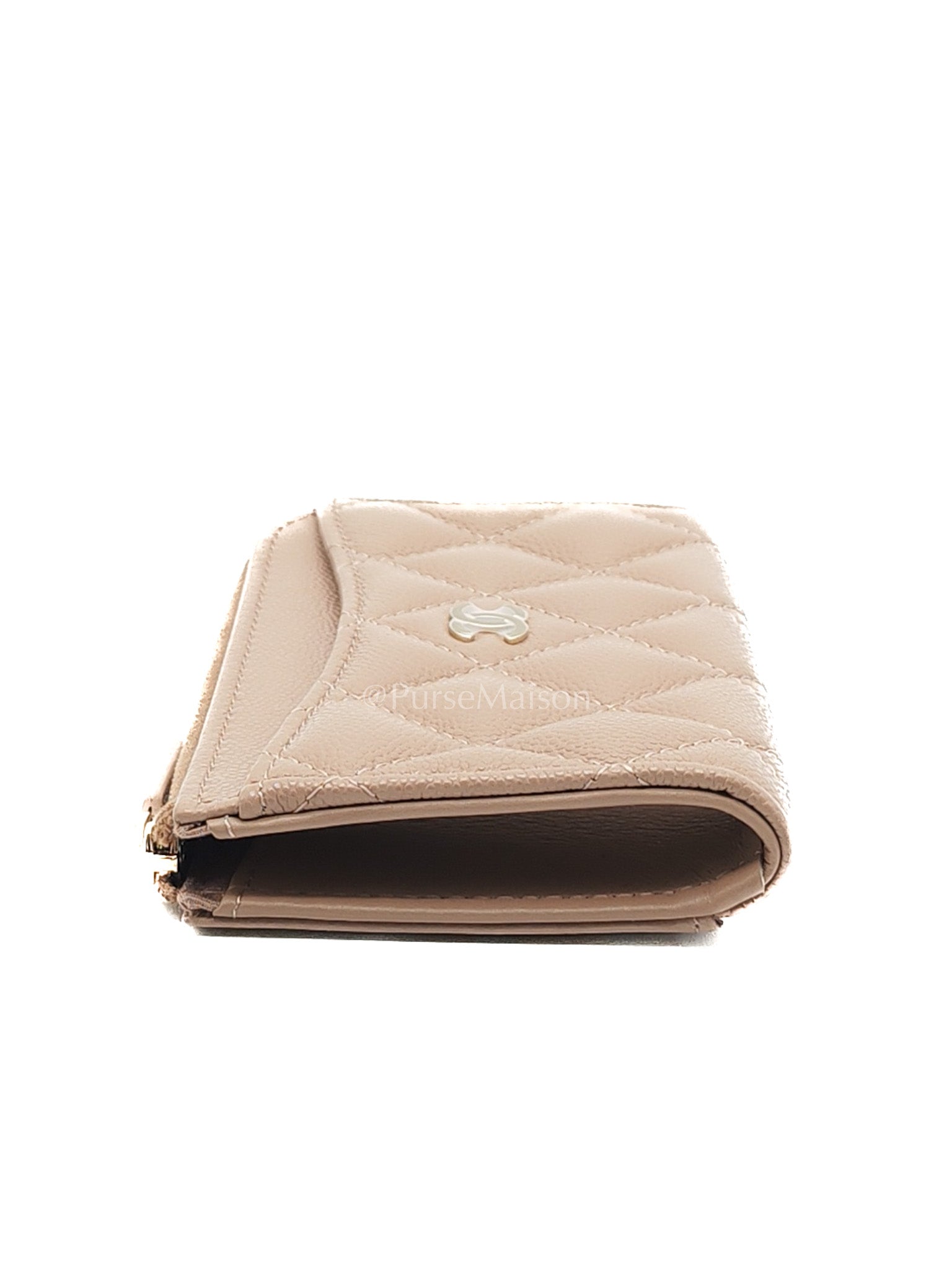 Chanel Zipped Card Holder in Dark Beige Caviar Leather and Light Gold Hardware (Microchip)