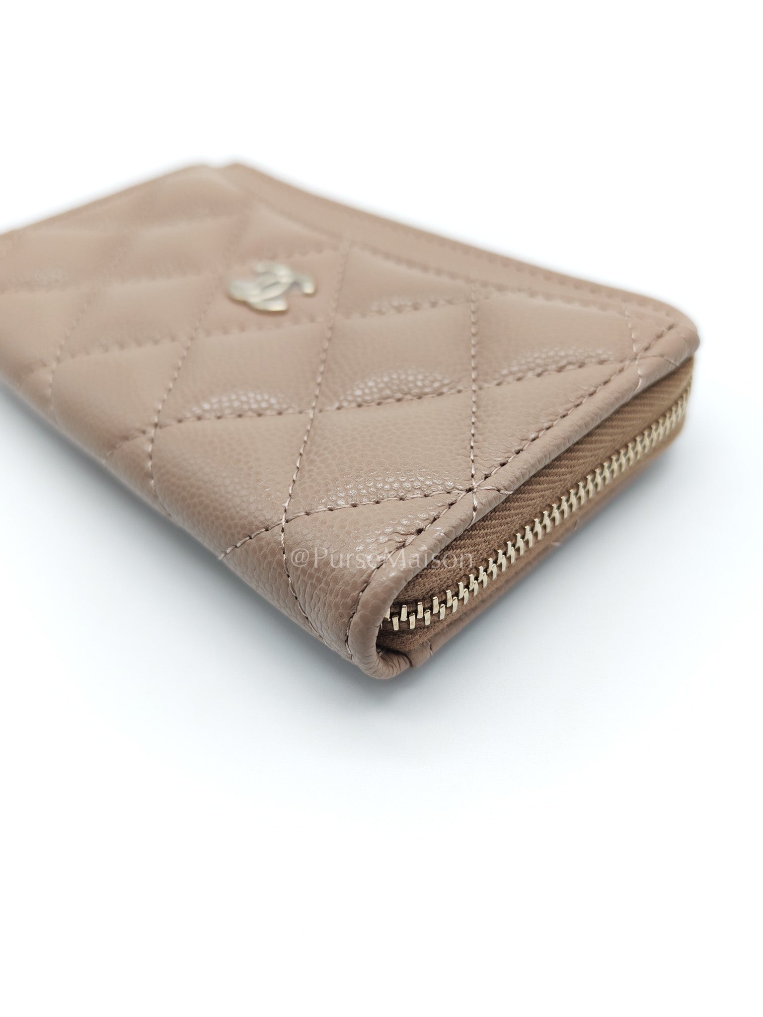 Chanel Zipped Card Holder in Dark Beige Caviar Leather and Light Gold Hardware (Microchip)