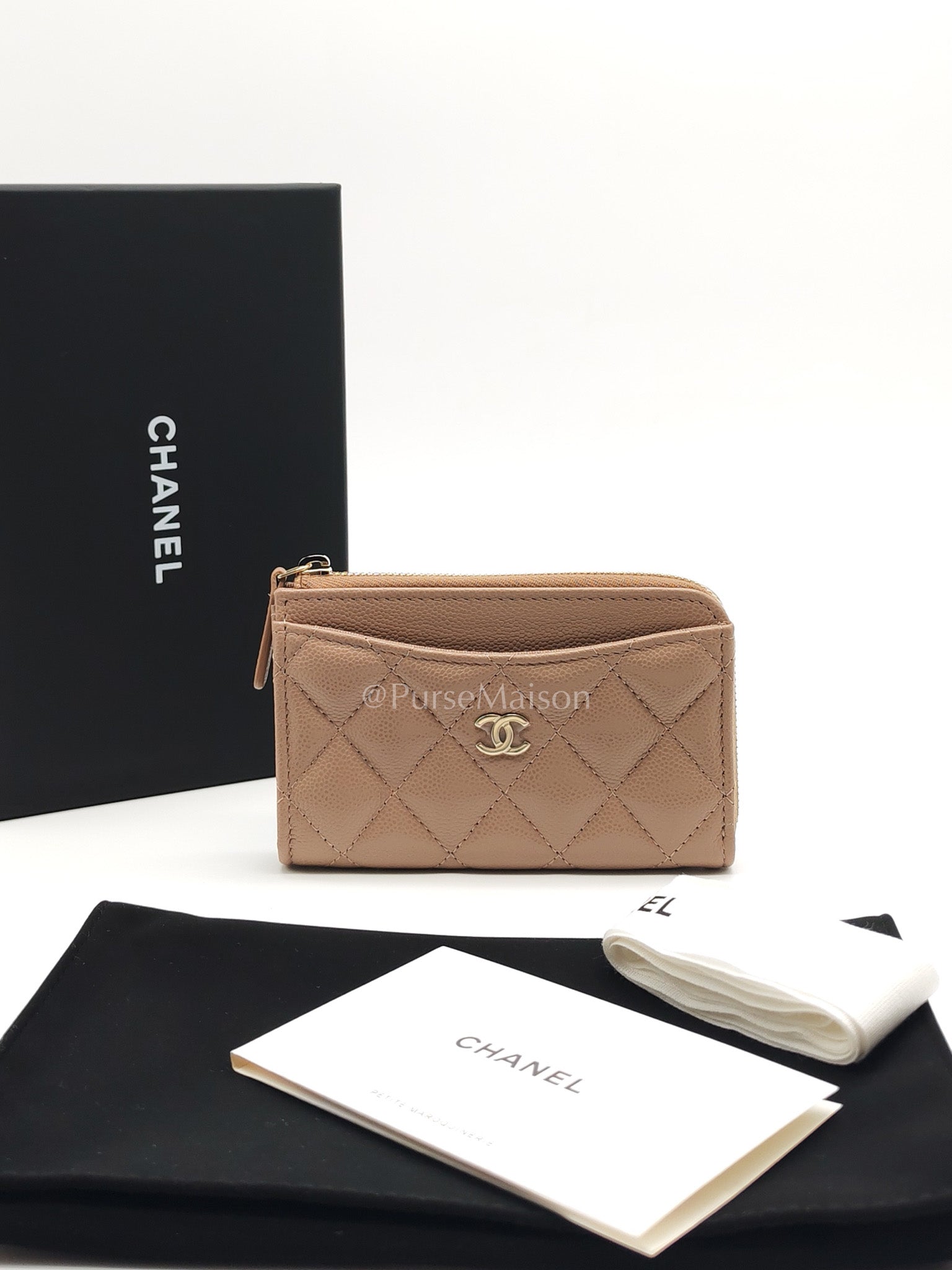 Chanel Zipped Card Holder in Dark Beige Caviar Leather and Light Gold Hardware (Microchip)
