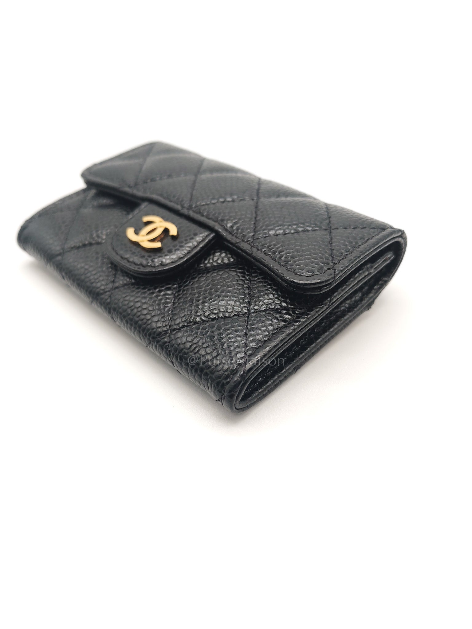 Chanel Classic Flap Card Holder in Black Quilted Caviar Leather & Gold Hardware Series 30