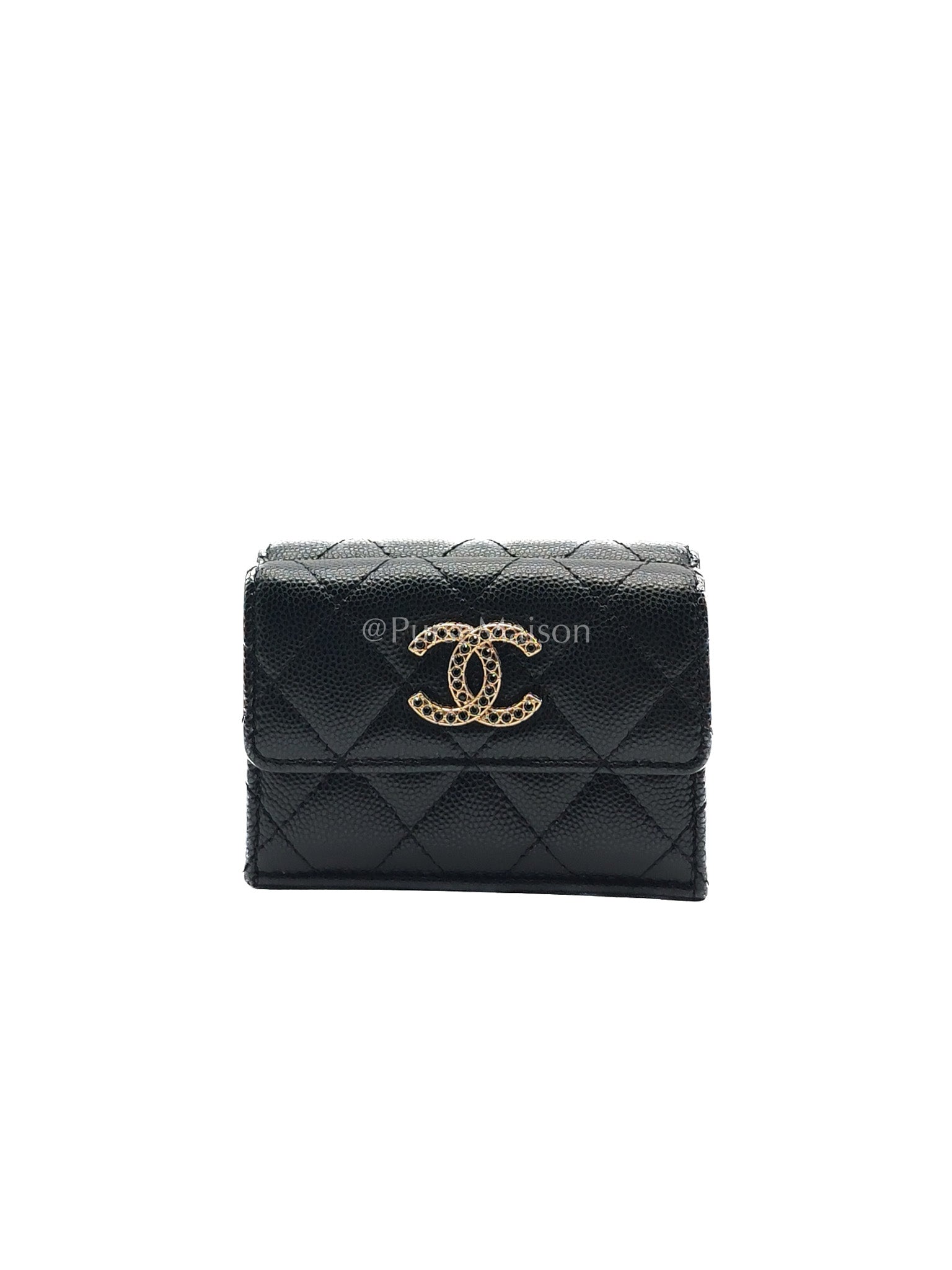 Chanel Tri-Fold Flap Wallet in Black Quilted Caviar Leather and Crystal Enamel CC Logo Microchip