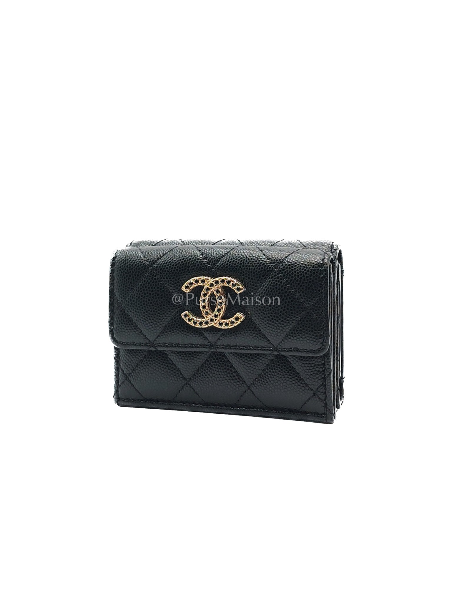 Chanel Tri-Fold Flap Wallet in Black Quilted Caviar Leather and Crystal Enamel CC Logo Microchip
