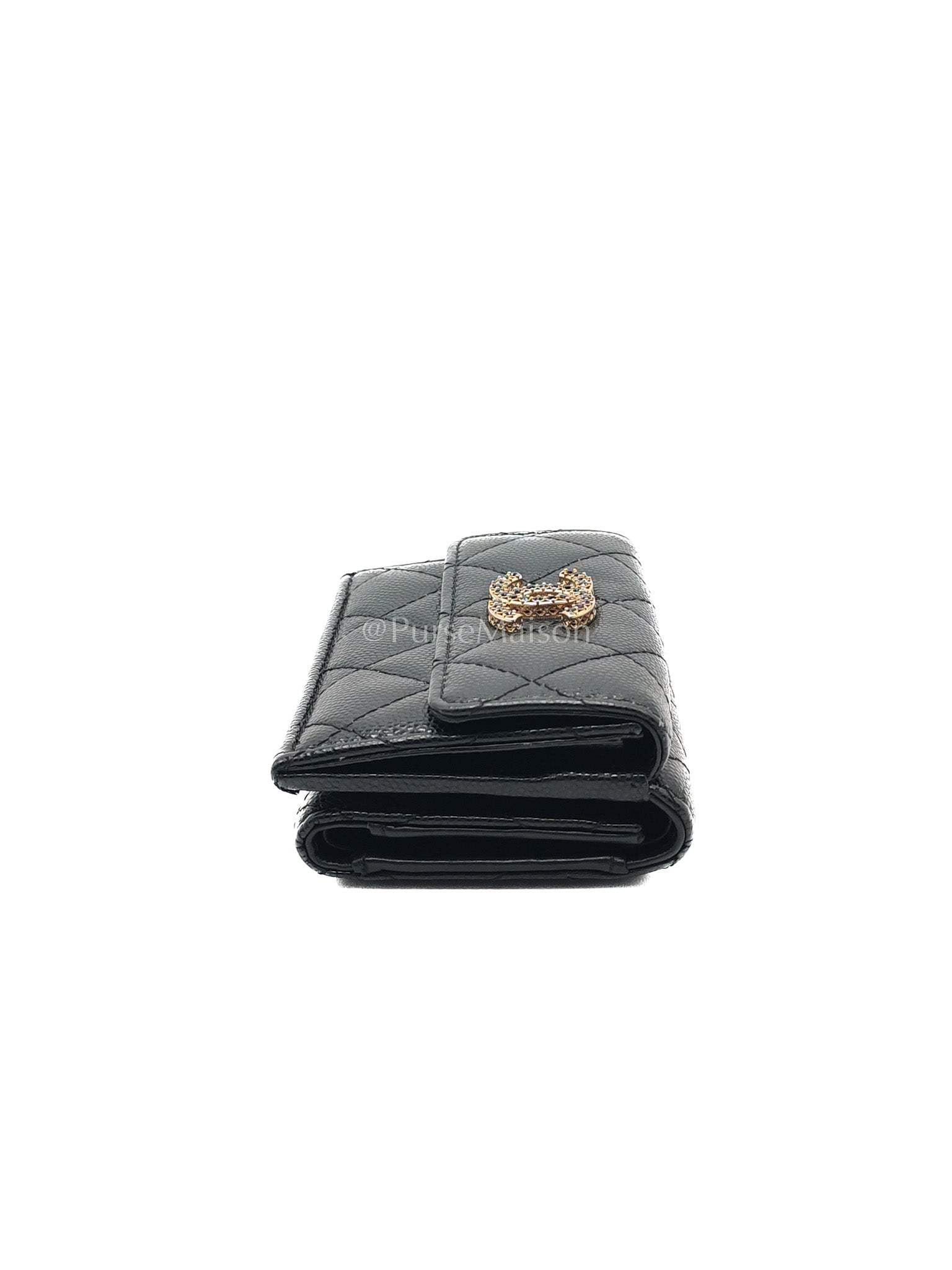 Chanel Tri-Fold Flap Wallet in Black Quilted Caviar Leather and Crystal Enamel CC Logo Microchip