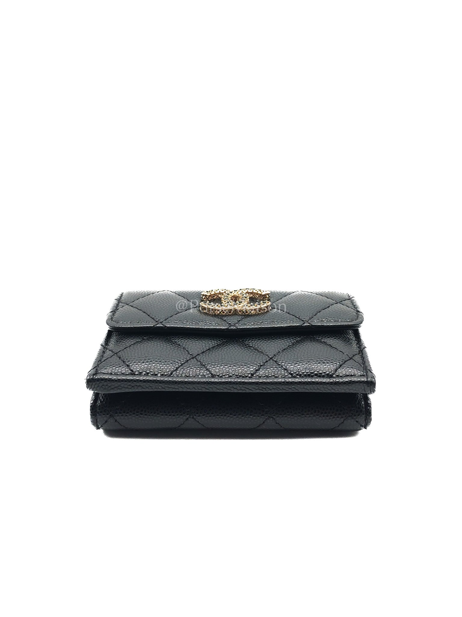 Chanel Tri-Fold Flap Wallet in Black Quilted Caviar Leather and Crystal Enamel CC Logo Microchip