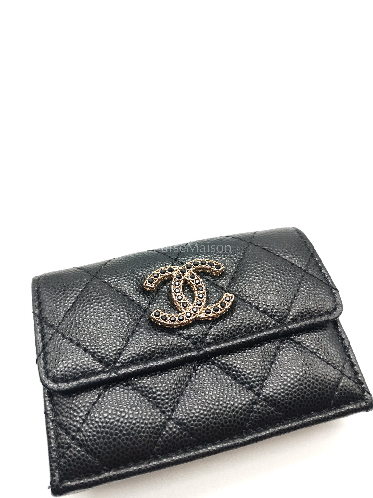 Chanel Tri-Fold Flap Wallet in Black Quilted Caviar Leather and Crystal Enamel CC Logo Microchip