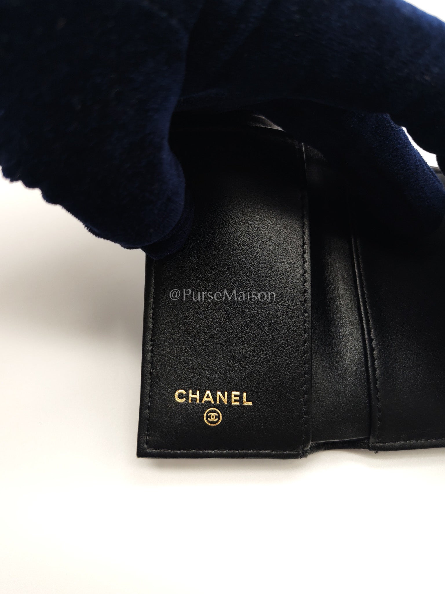 Chanel Tri-Fold Flap Wallet in Black Quilted Caviar Leather and Crystal Enamel CC Logo Microchip