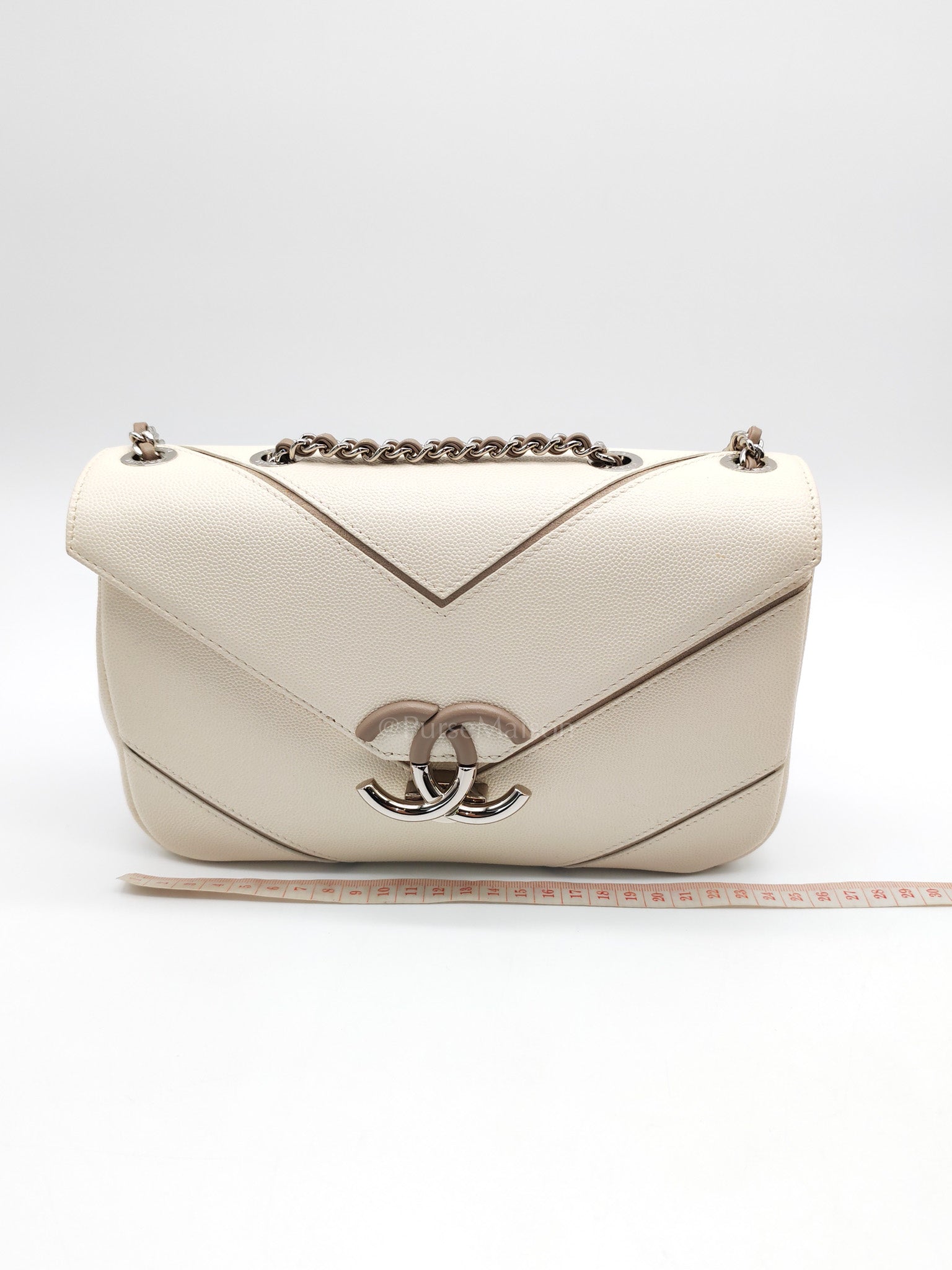 Chanel Chevron Flap Bag in White Caviar Leather & Palladium Hardware Series 23