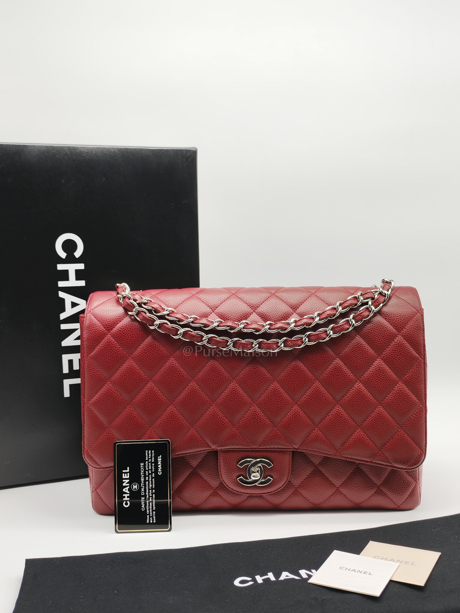 Chanel Classic Double Flap Maxi in Deep Burgundy Quilted Caviar Leather & Palladium Hardware Series 13