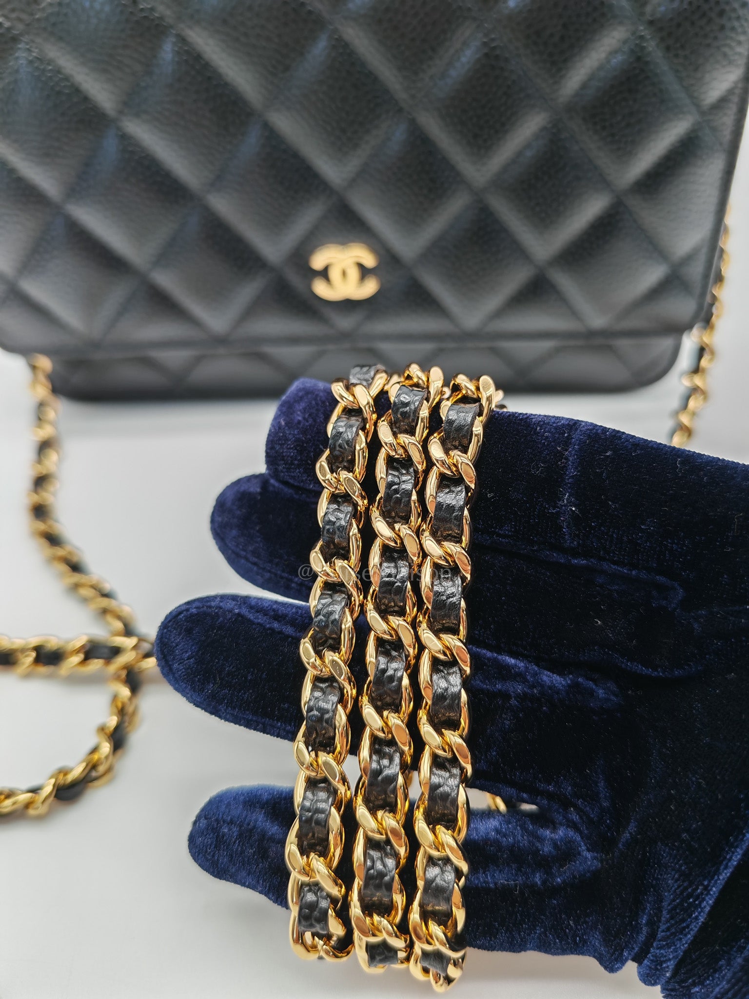 Wallet On Chain (WOC) in Black Quilted Caviar Leather & Gold Hardware Series 26