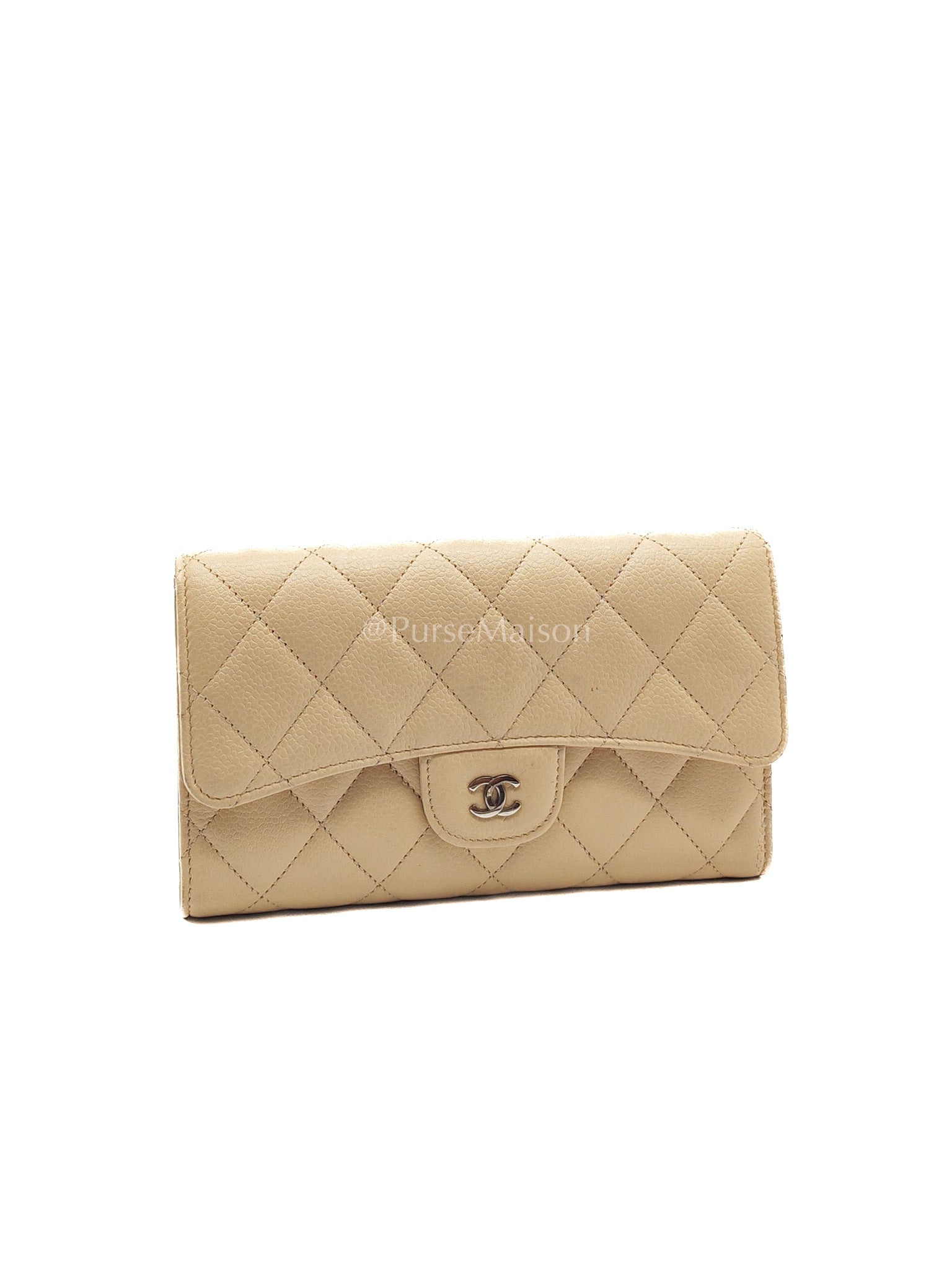 Chanel Classic Long Flap Wallet in Beige Quilted Caviar Leather and Silver Hardware Series 15