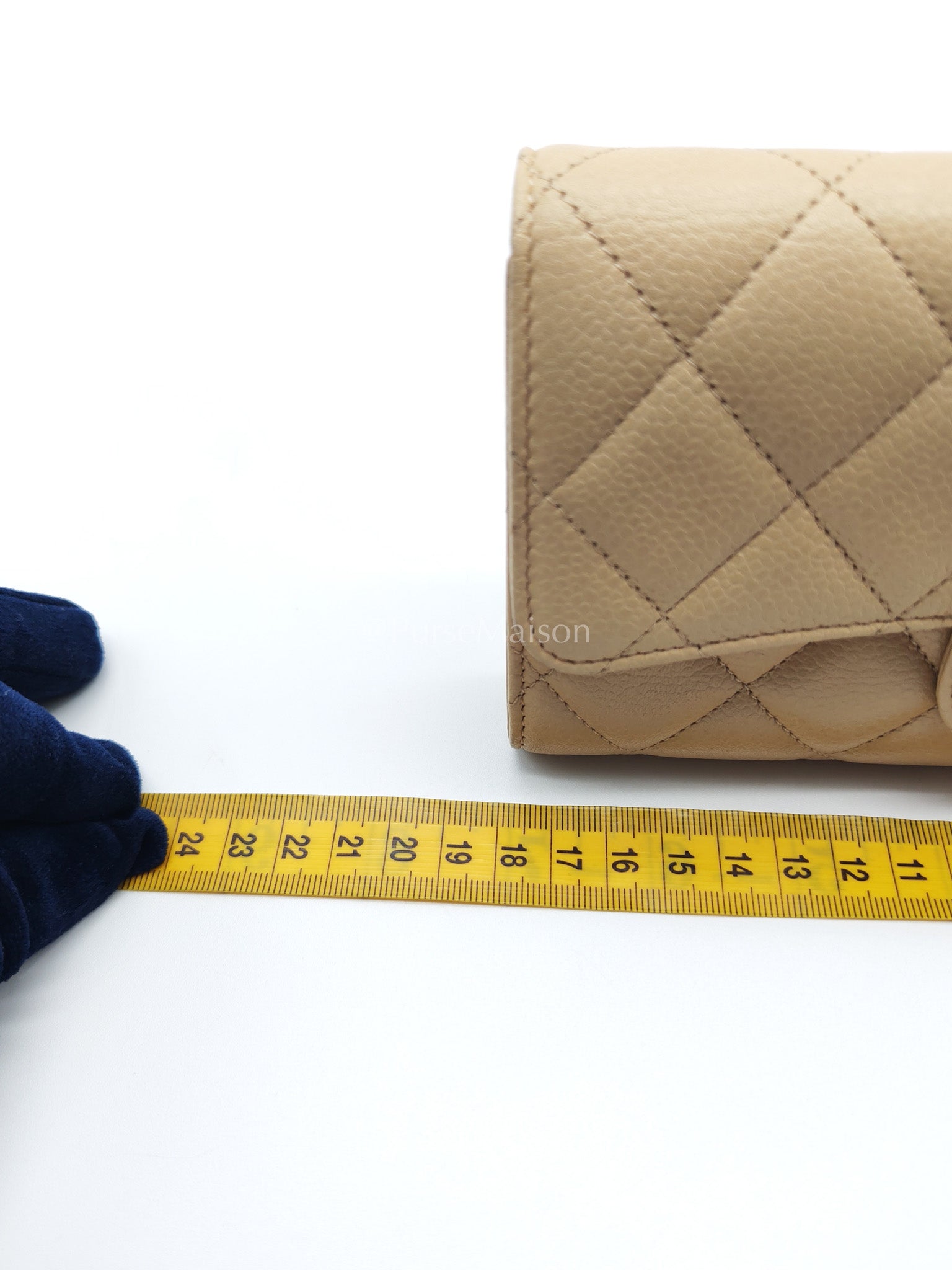 Chanel Classic Long Flap Wallet in Beige Quilted Caviar Leather and Silver Hardware Series 15