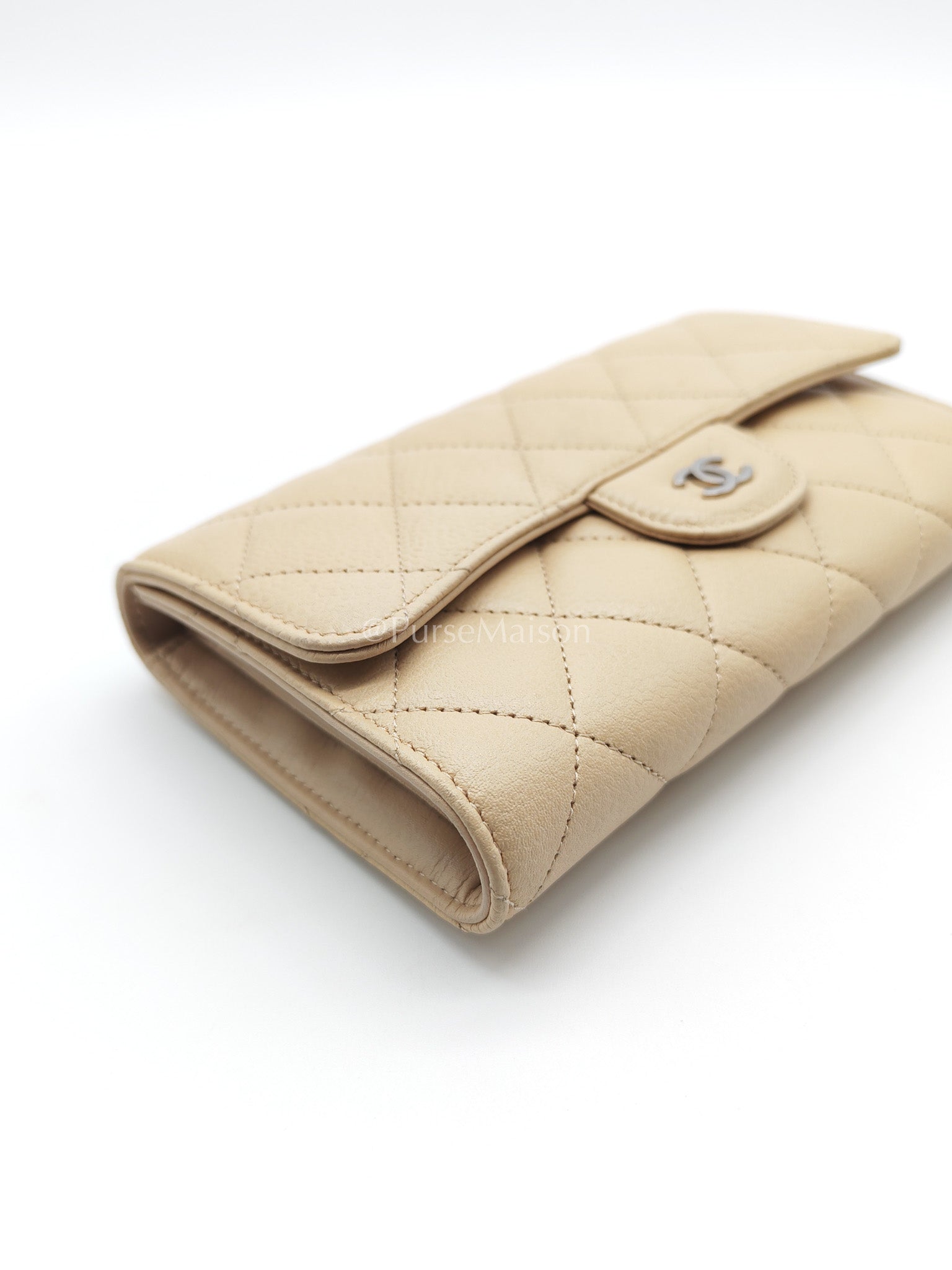 Chanel Classic Long Flap Wallet in Beige Quilted Caviar Leather and Silver Hardware Series 15