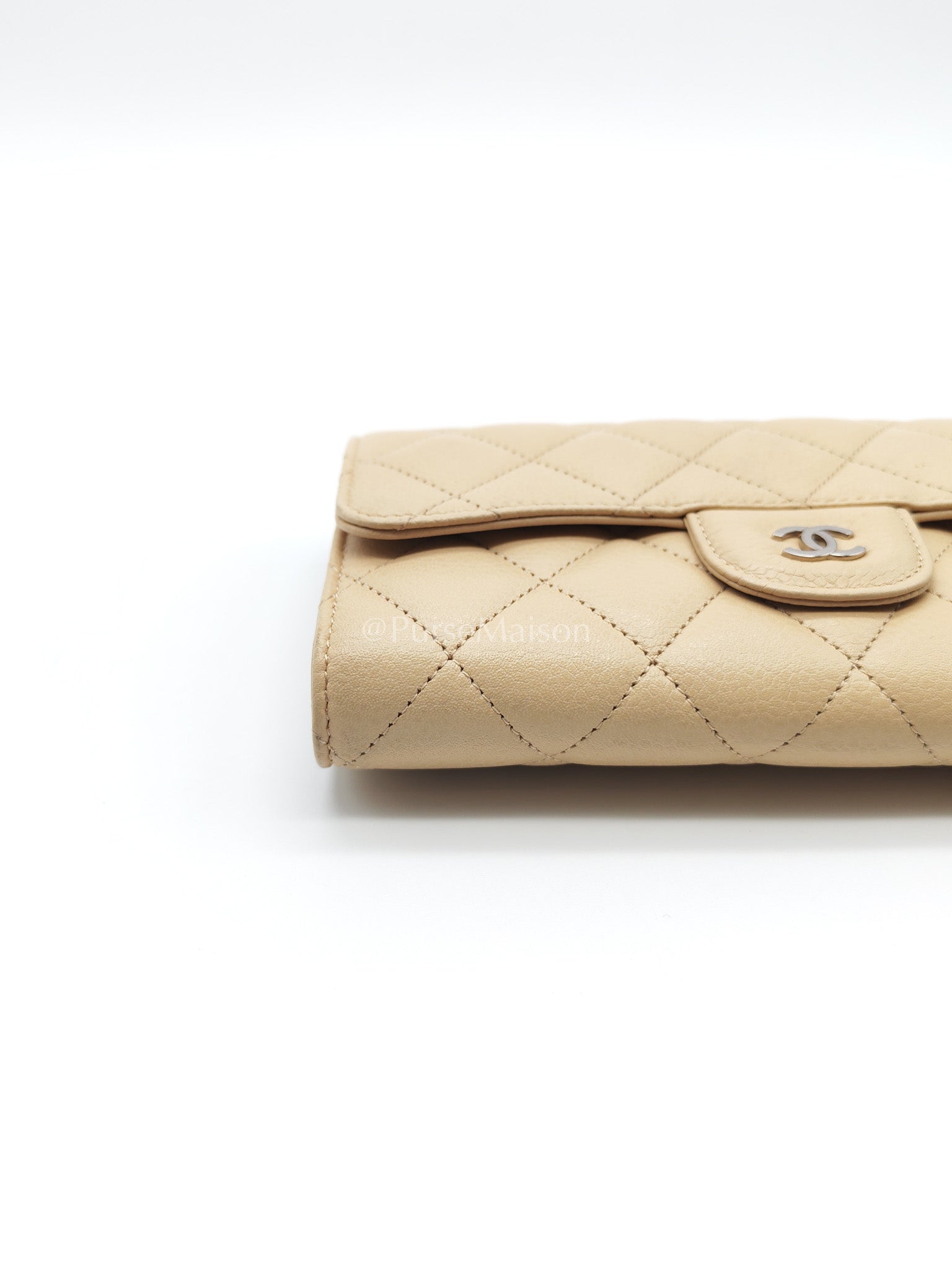 Chanel Classic Long Flap Wallet in Beige Quilted Caviar Leather and Silver Hardware Series 15