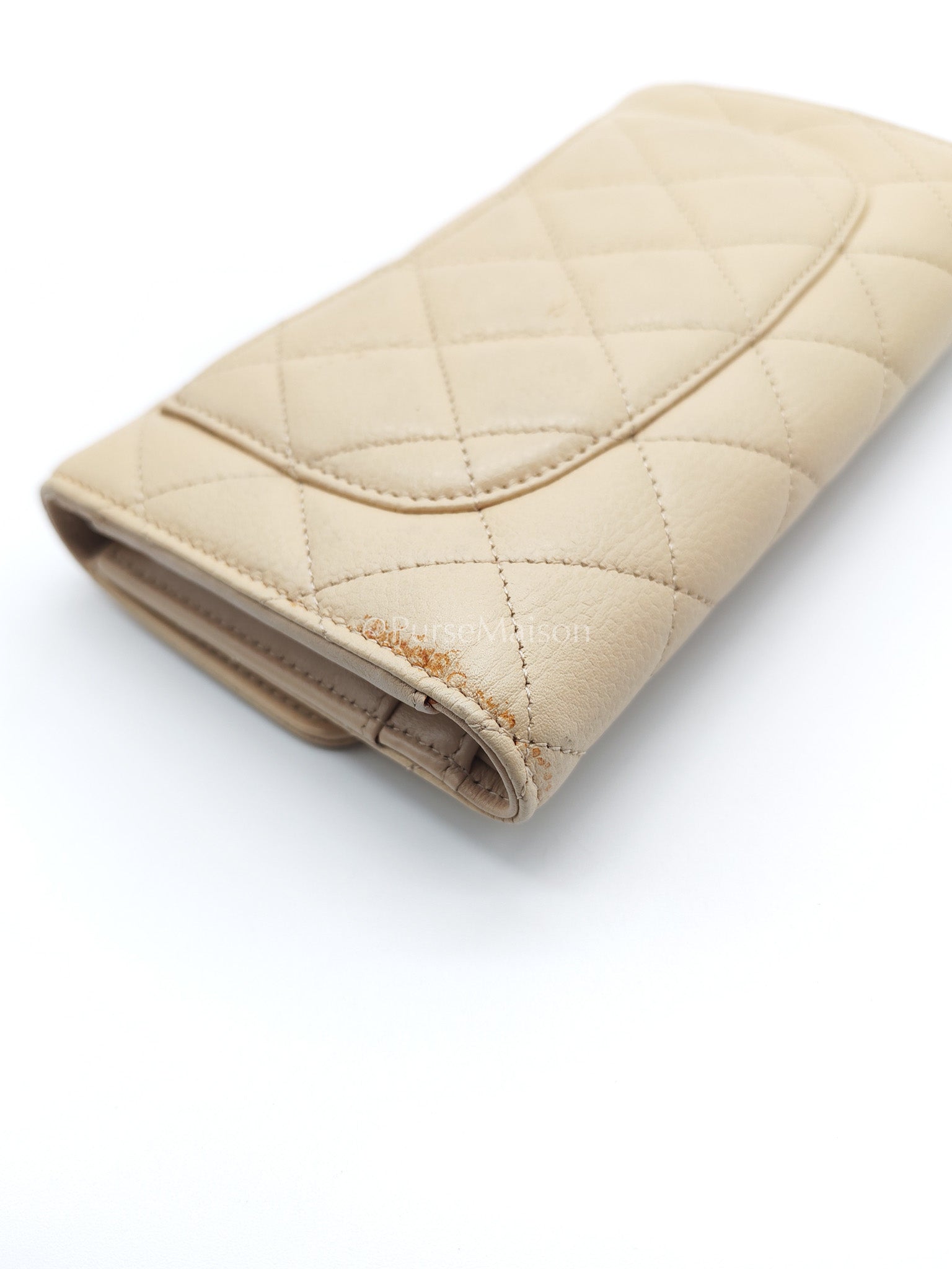 Chanel Classic Long Flap Wallet in Beige Quilted Caviar Leather and Silver Hardware Series 15
