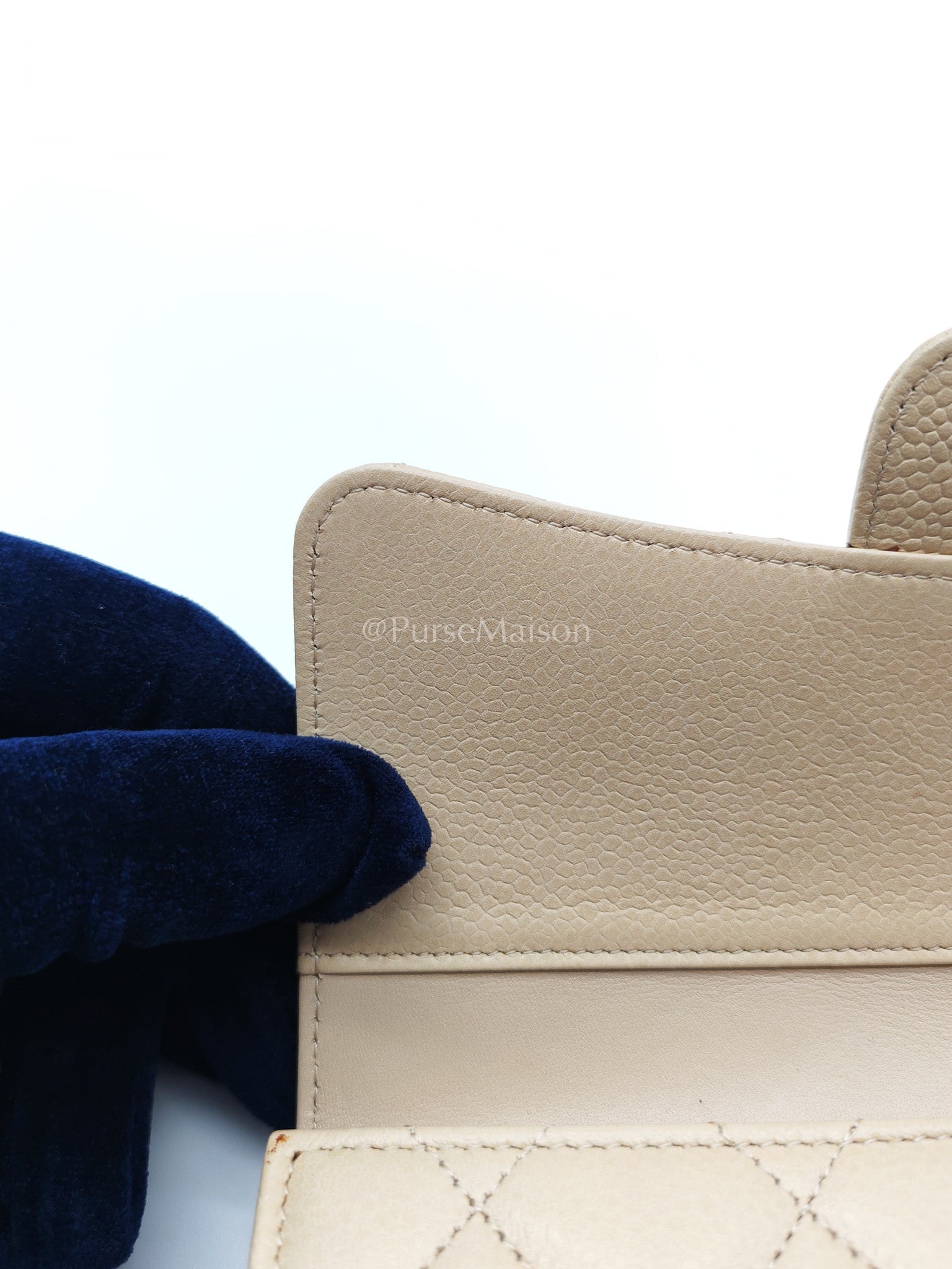 Chanel Classic Long Flap Wallet in Beige Quilted Caviar Leather and Silver Hardware Series 15