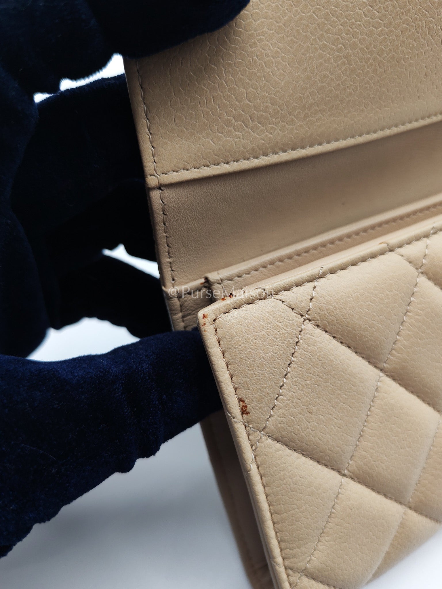 Chanel Classic Long Flap Wallet in Beige Quilted Caviar Leather and Silver Hardware Series 15