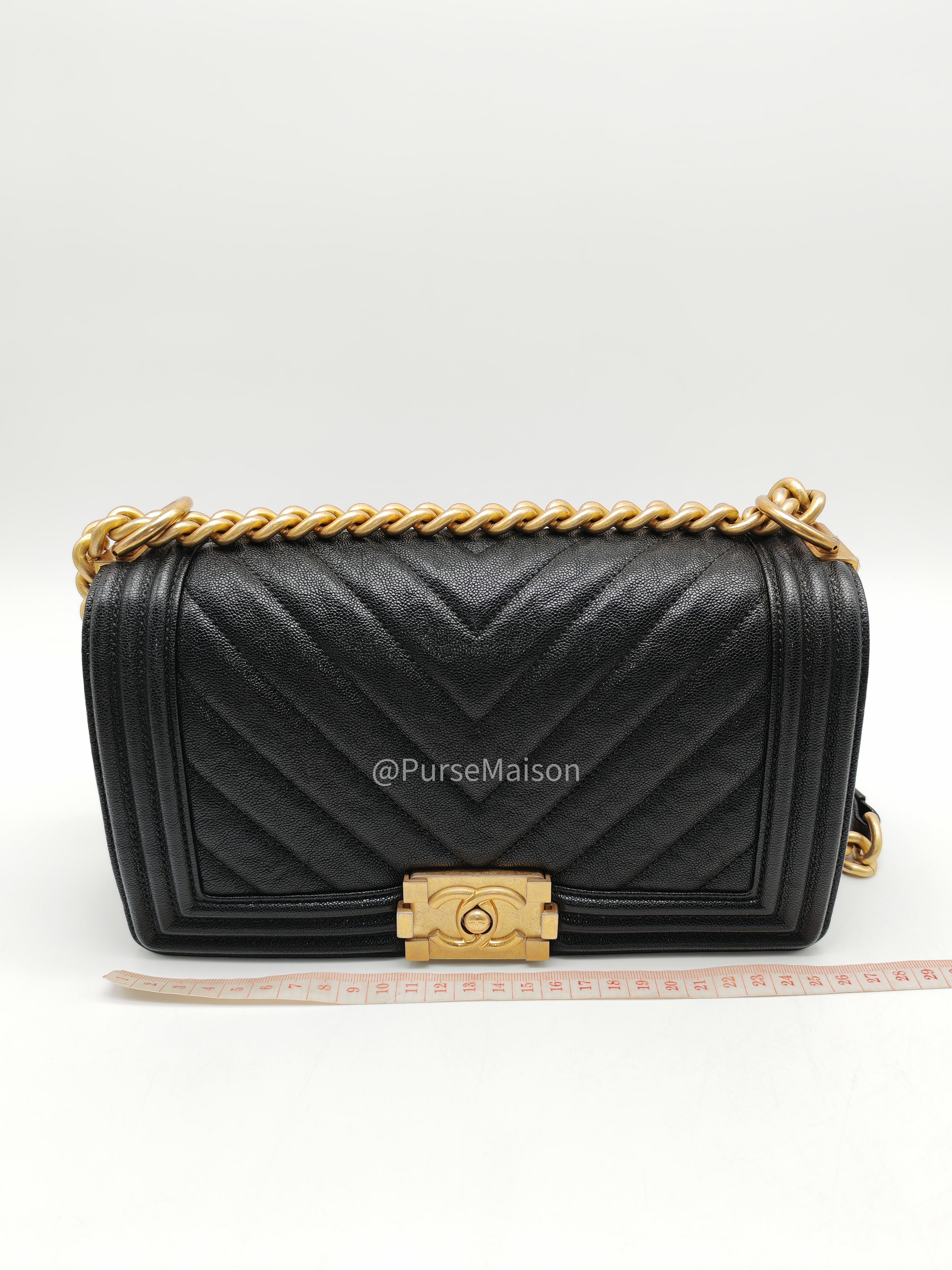 Chanel Boy Old Medium in Black Chevron Calfskin Leather and Aged Gold Hardware Series 26