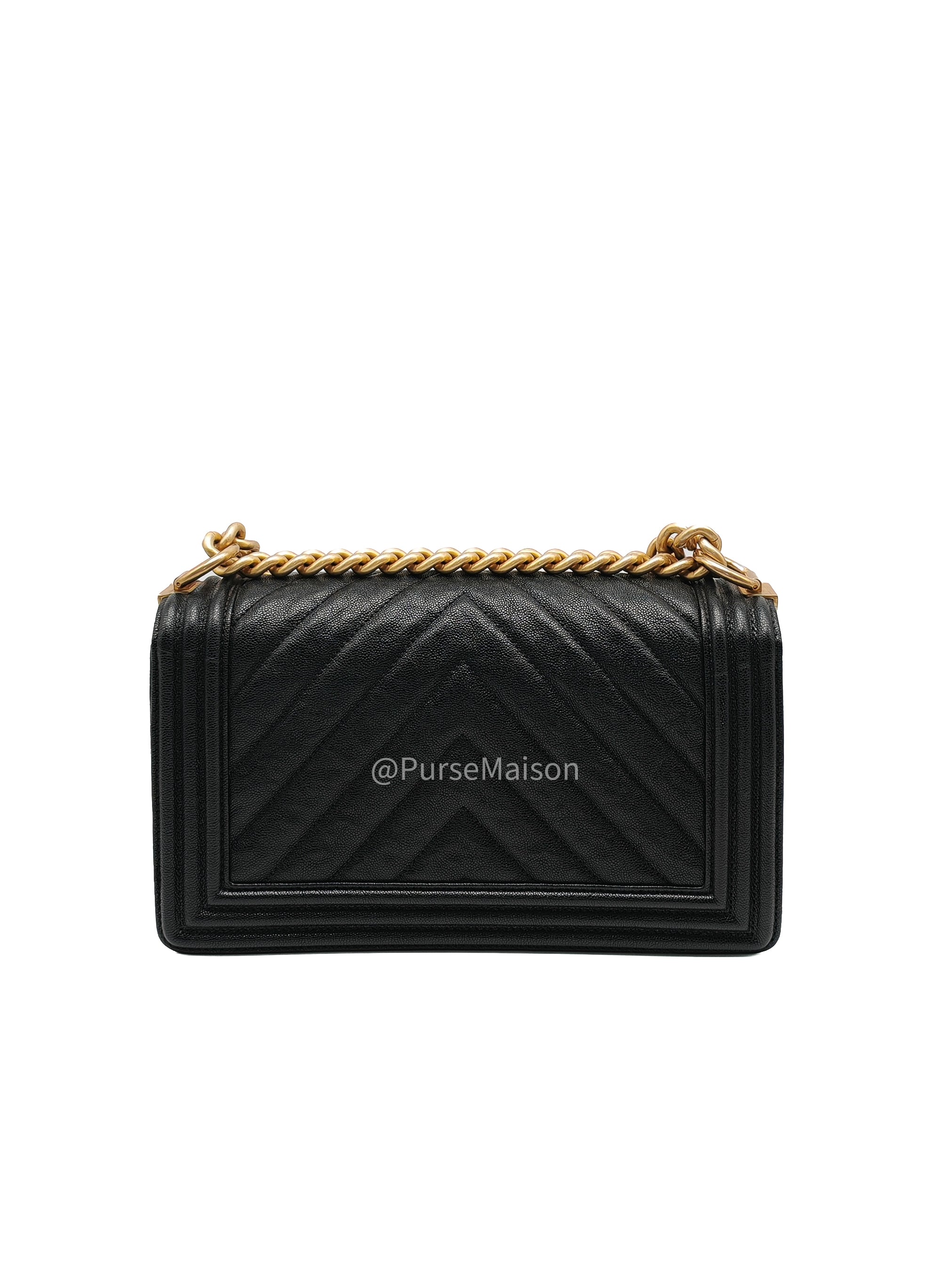 Chanel Boy Old Medium in Black Chevron Calfskin Leather and Aged Gold Hardware Series 26