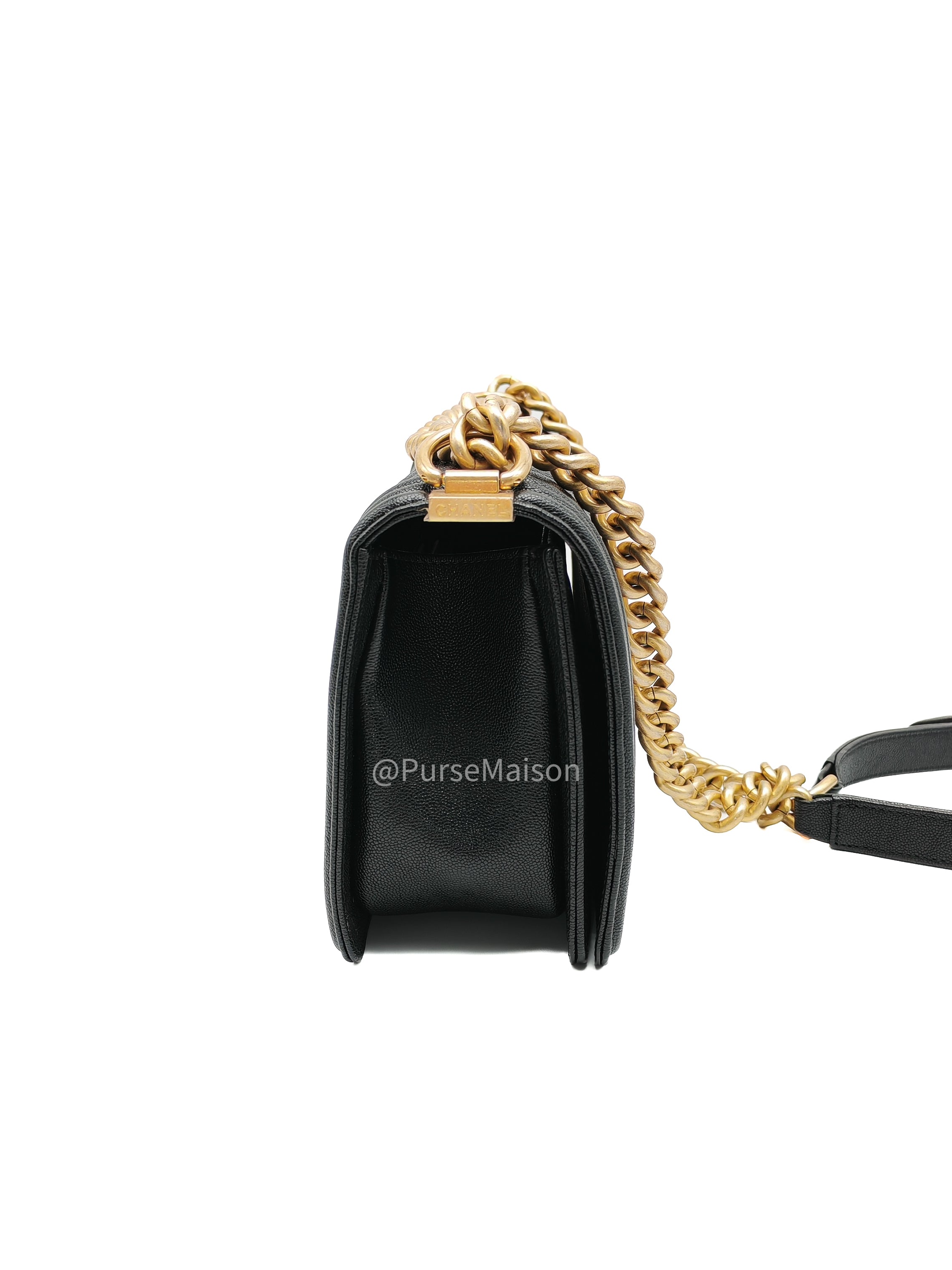 Chanel Boy Old Medium in Black Chevron Calfskin Leather and Aged Gold Hardware Series 26