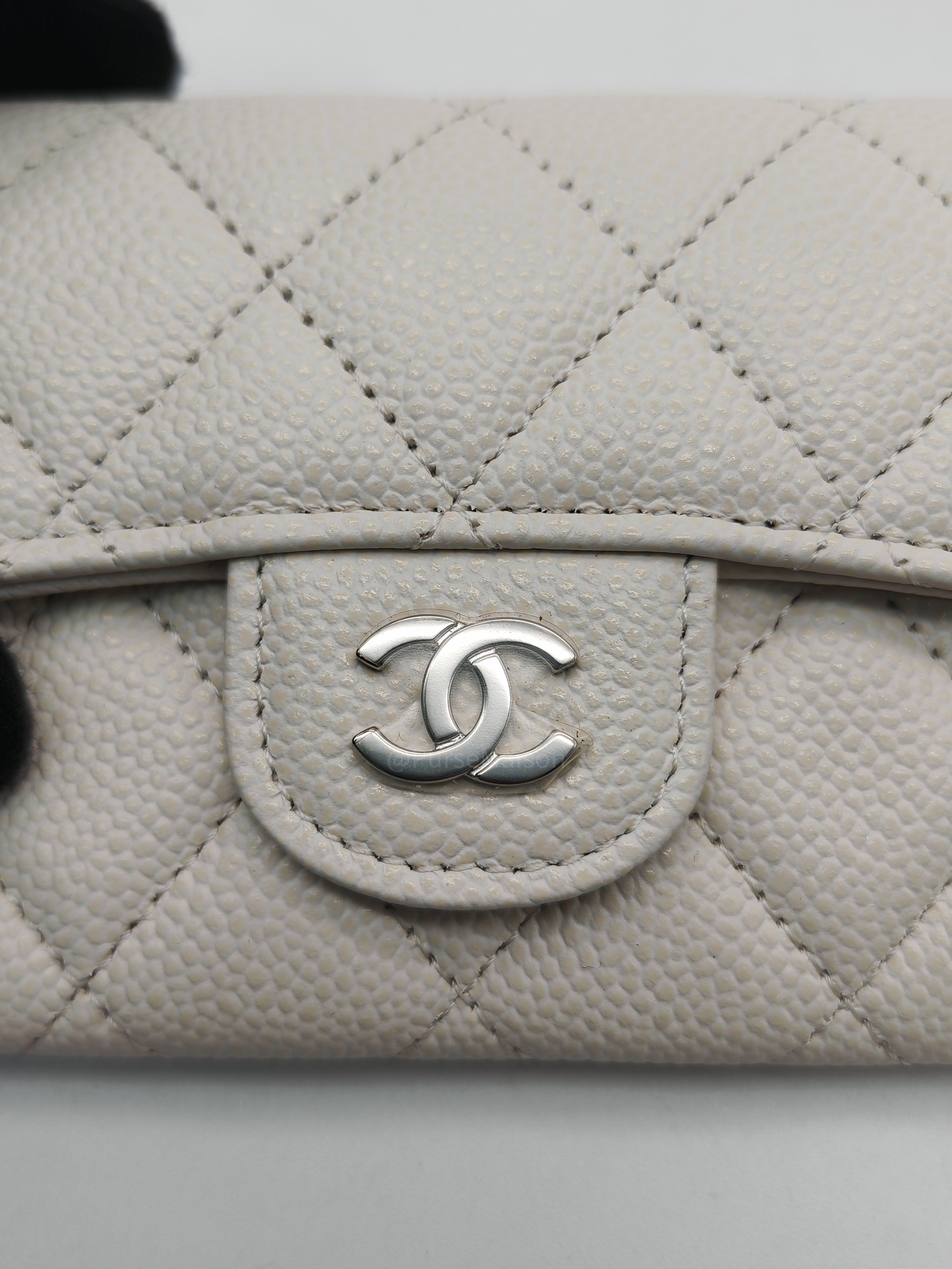 Chanel Classic Flap Card Holder in White Quilted Caviar Leather and Silver Hardware Series 30